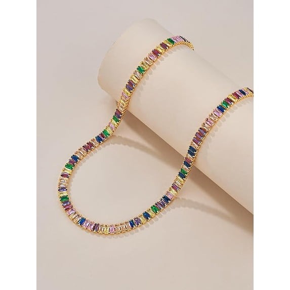 18K Gold Plated Rainbow Baguette Crystal Tennis Choker Necklace for Women, Adjustable Statement Chain