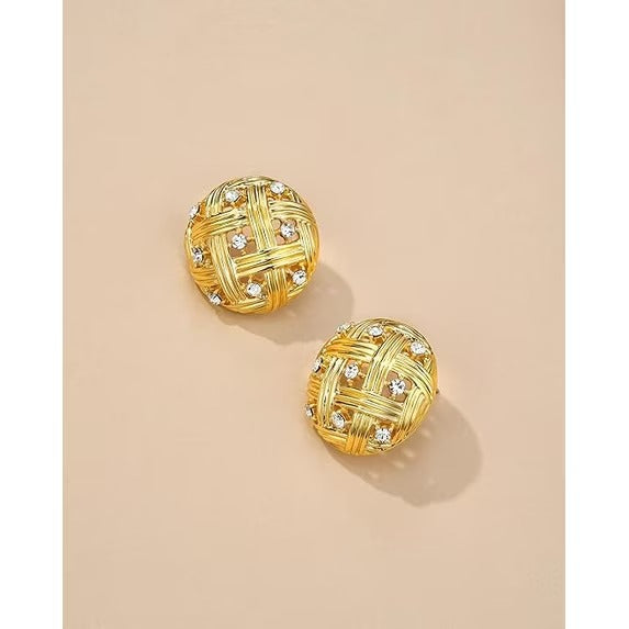 SNGIA 18K Gold Plated Round Stud Earrings with Clear CZ, Woven Lattice Design for Women