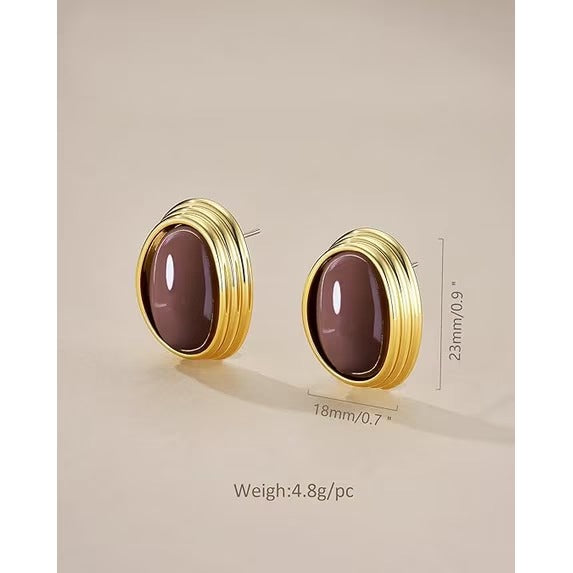 SNGIA 18K Gold Plated Oval Stud Earrings for Women, Multicolor Cabochon Statement Button Earrings