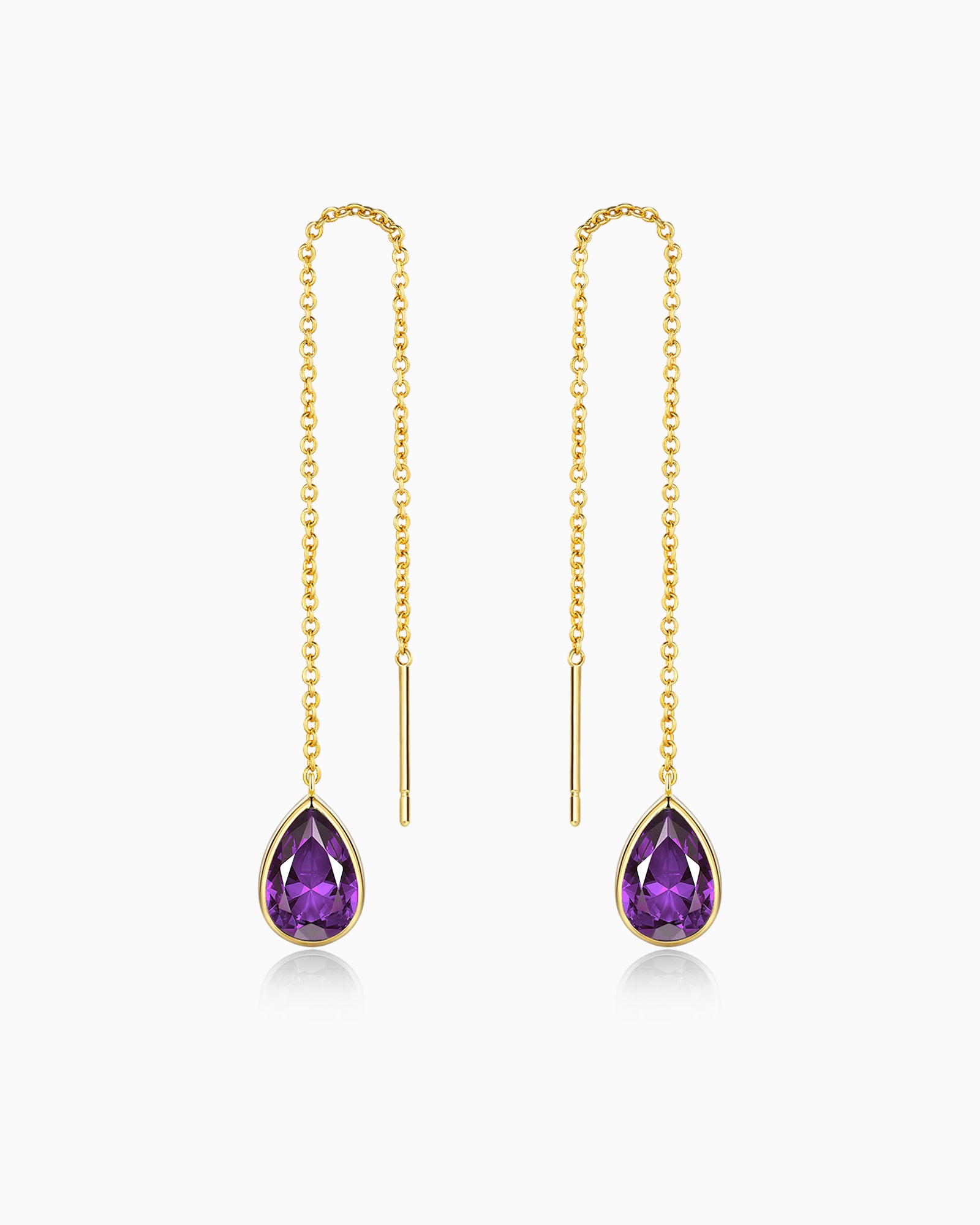 Teardrop Threader Earrings In Gold Tone Purple Amethyst Style