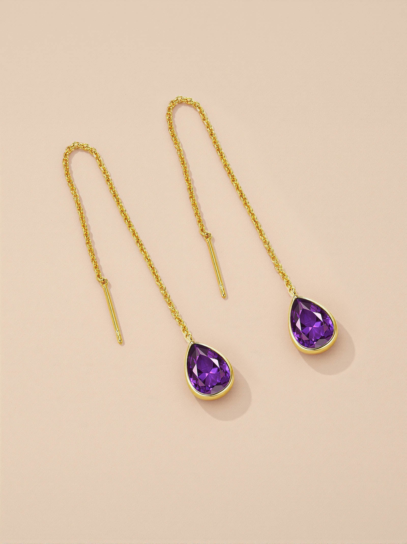 Teardrop Threader Earrings In Gold Tone Purple Amethyst Style