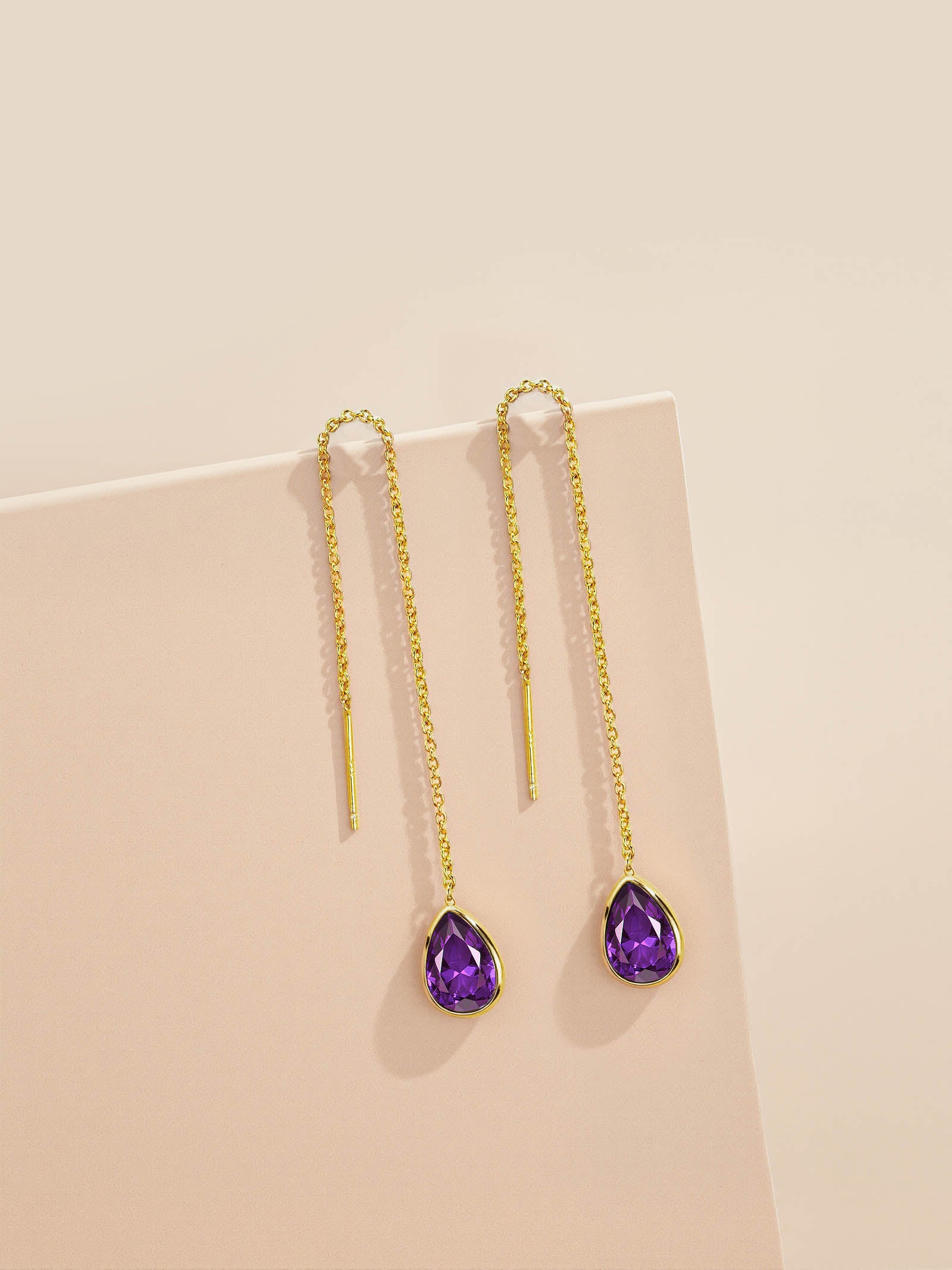 Teardrop Threader Earrings In Gold Tone Purple Amethyst Style