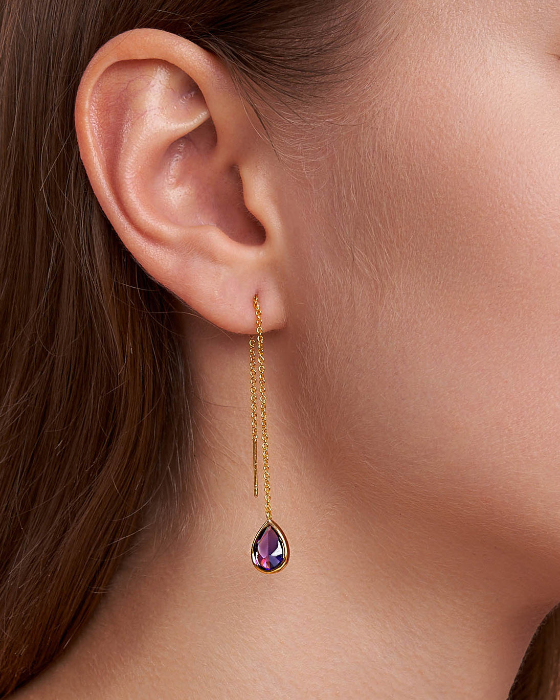 Teardrop Threader Earrings In Gold Tone Purple Amethyst Style
