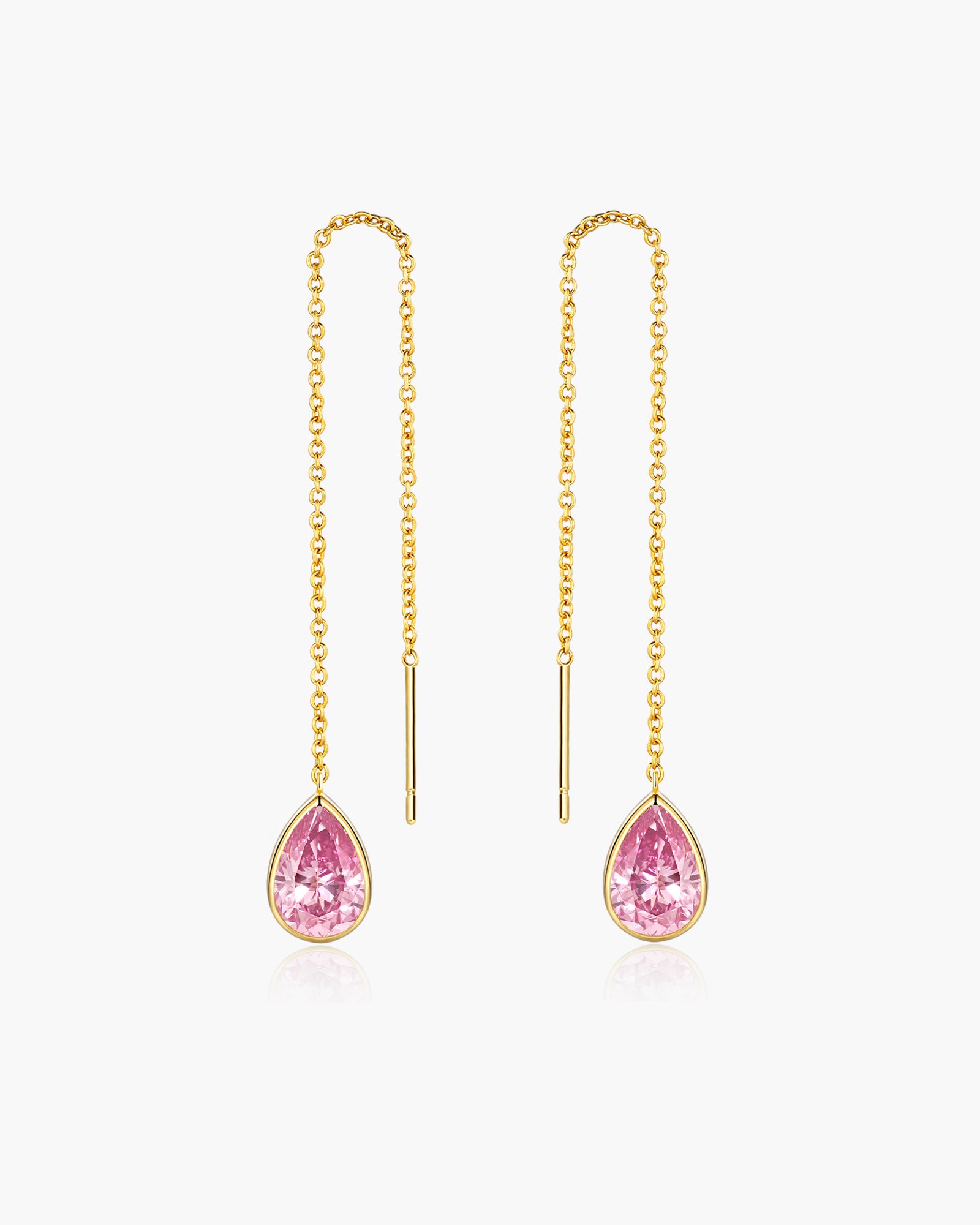 Teardrop Threader Earrings In Gold Tone Pink Accent Style