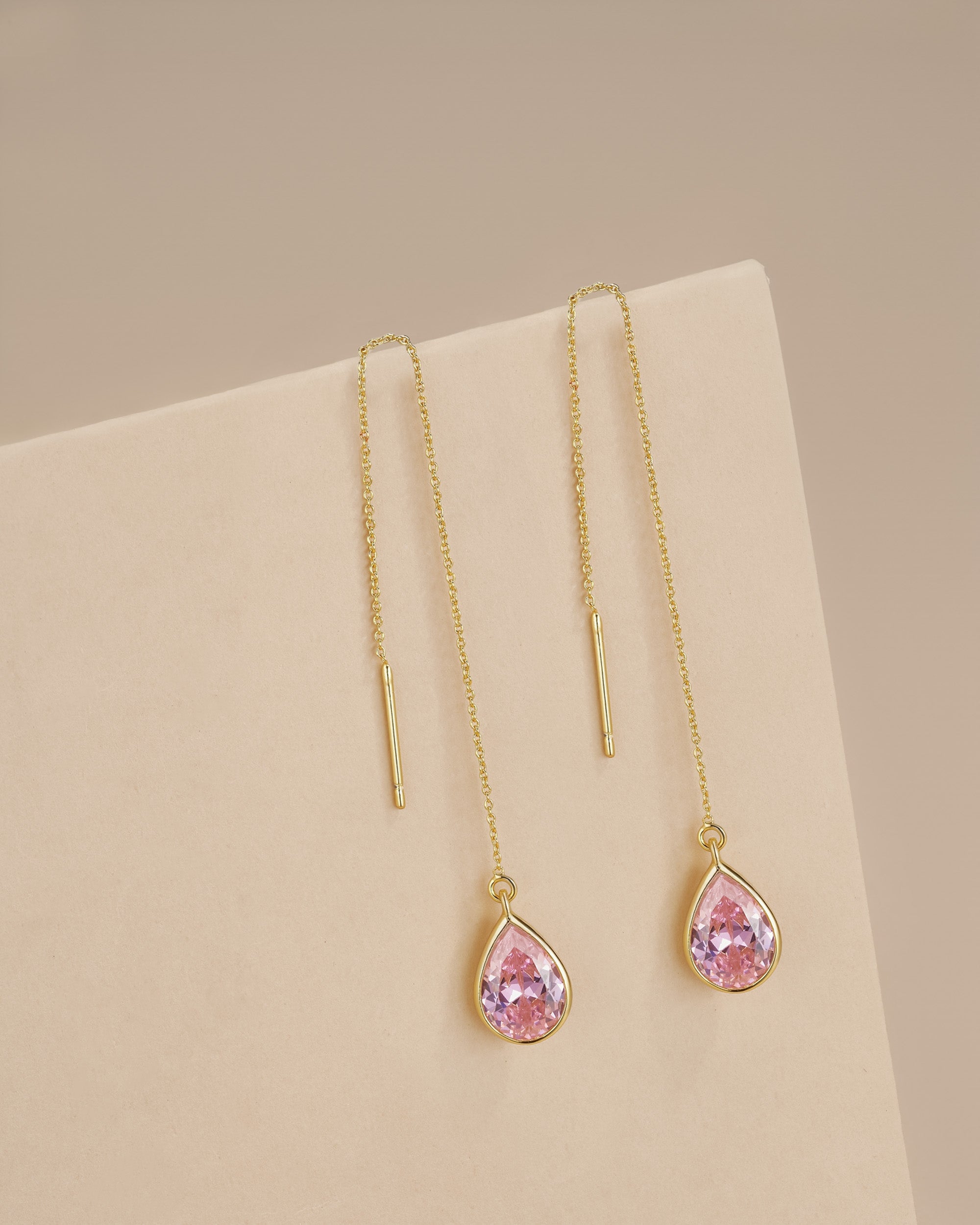 Teardrop Threader Earrings In Gold Tone Pink Accent Style