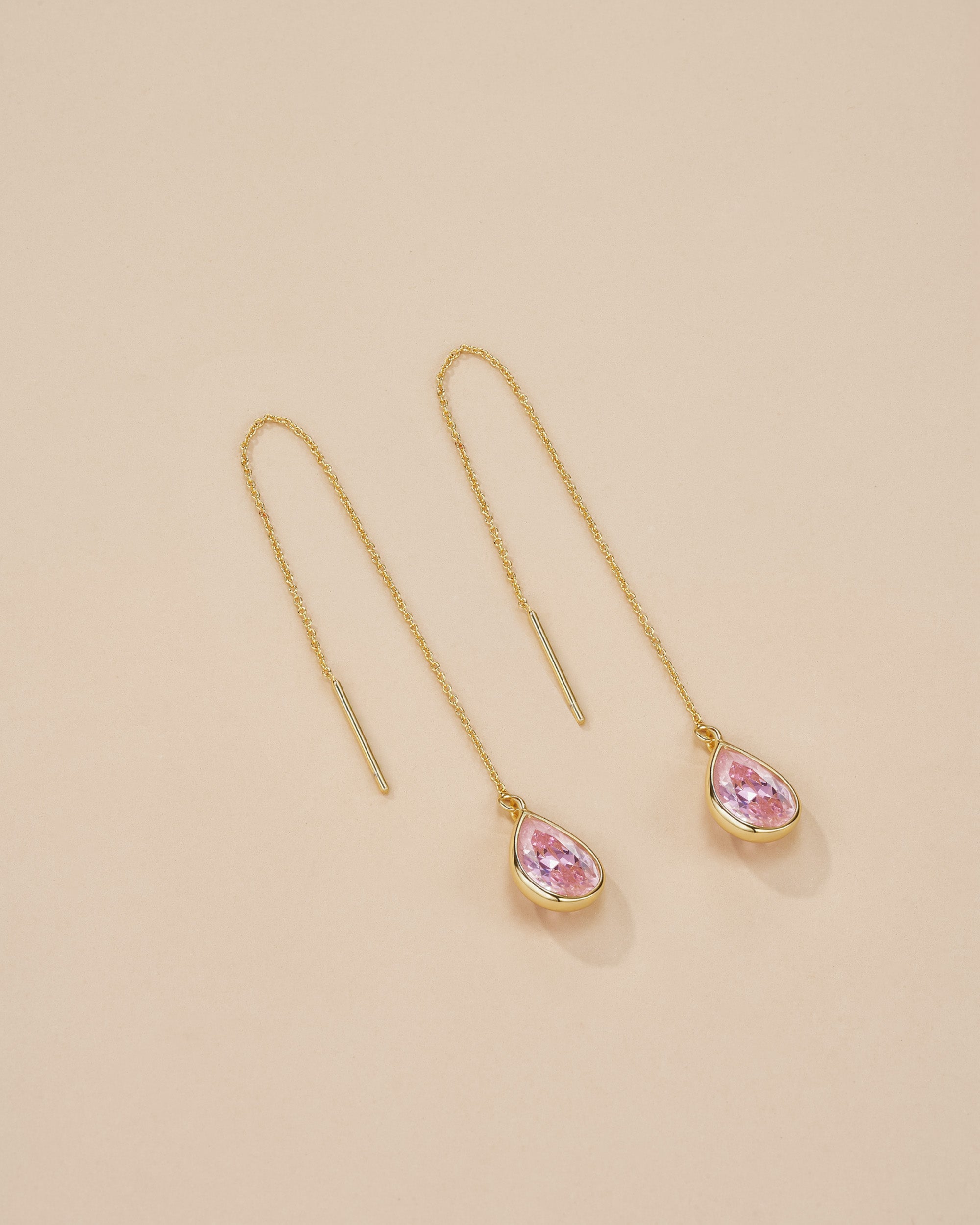 Teardrop Threader Earrings In Gold Tone Pink Accent Style