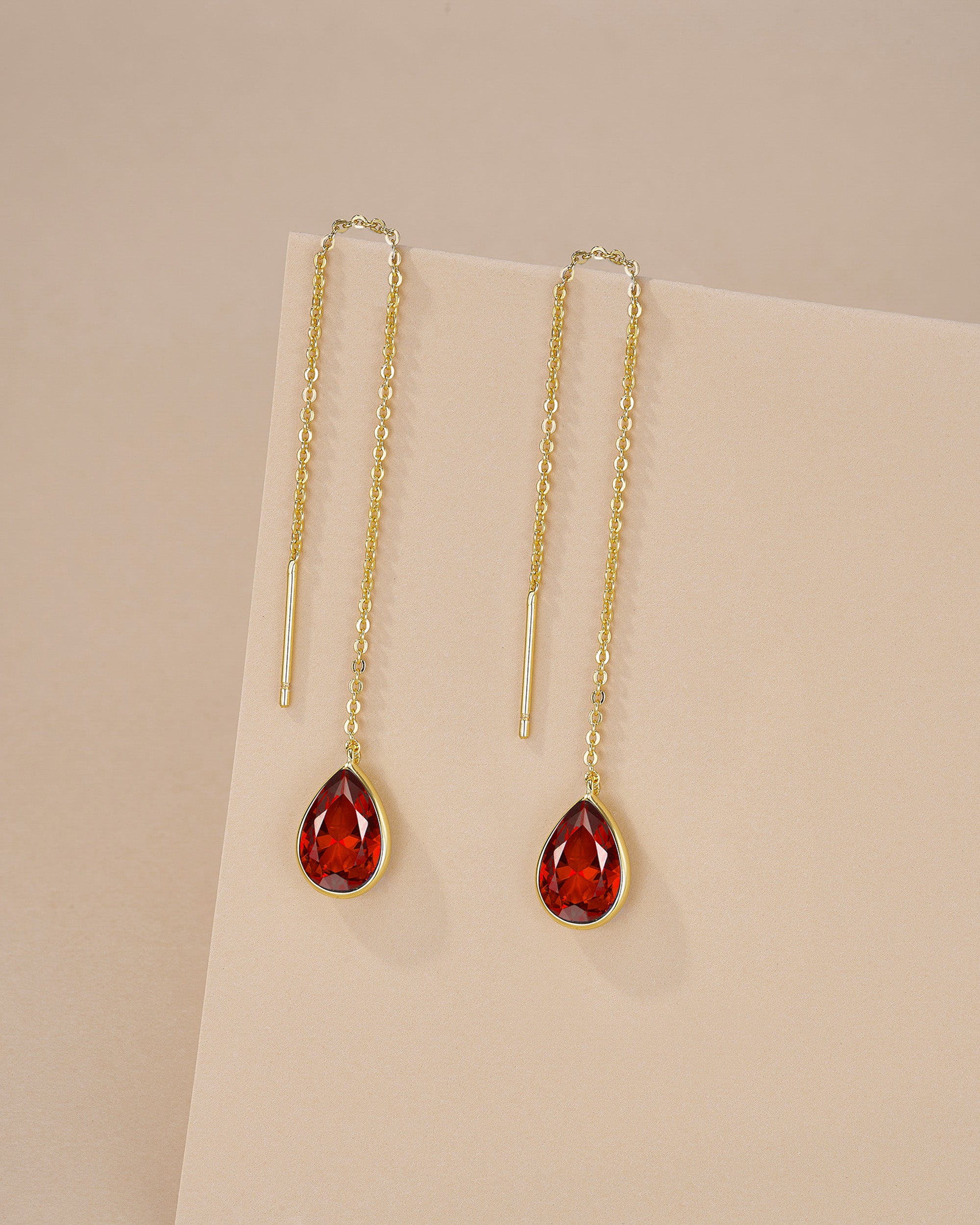 Teardrop Threader Earrings In Gold Tone Ruby Red Style