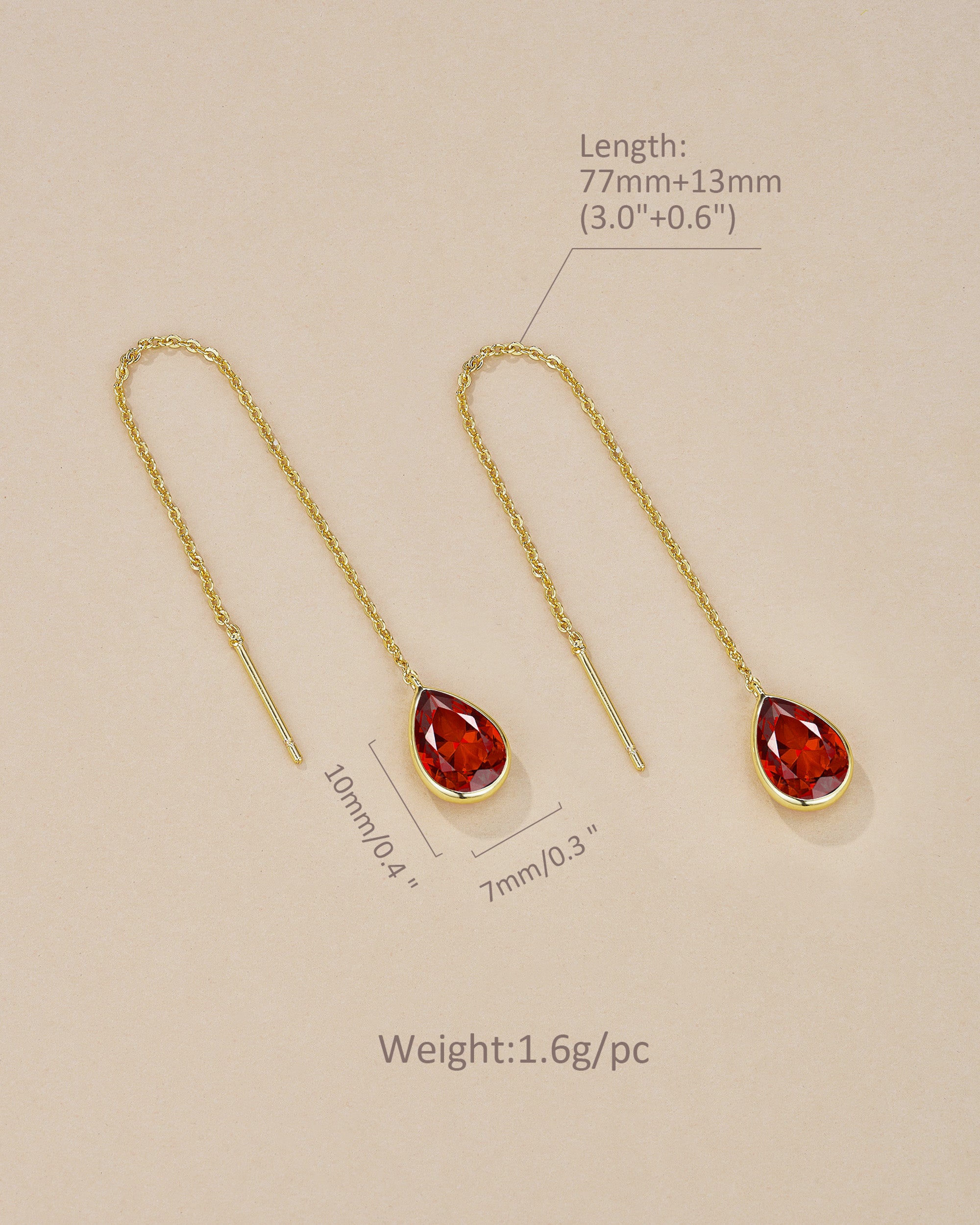 Teardrop Threader Earrings In Gold Tone Ruby Red Style