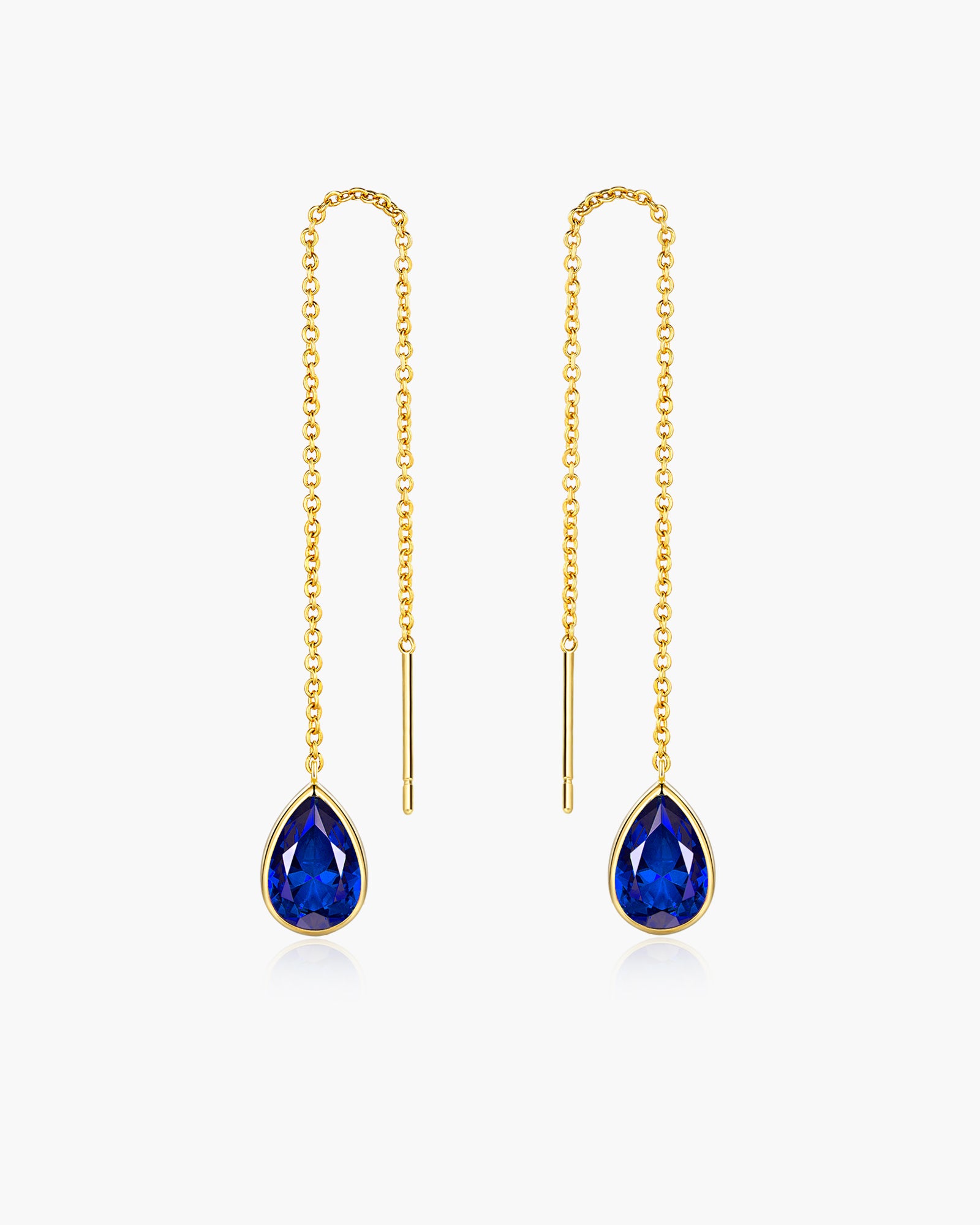 Teardrop Threader Earrings In Gold Tone Blue Simulated Stone Style