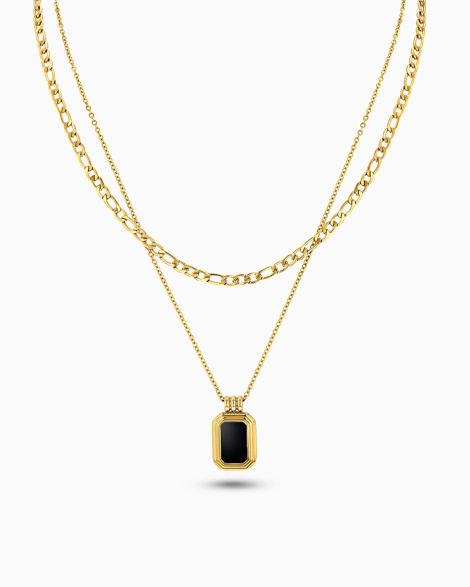 Square Rectangular Gold Black Onyx Pendant Layered Necklace