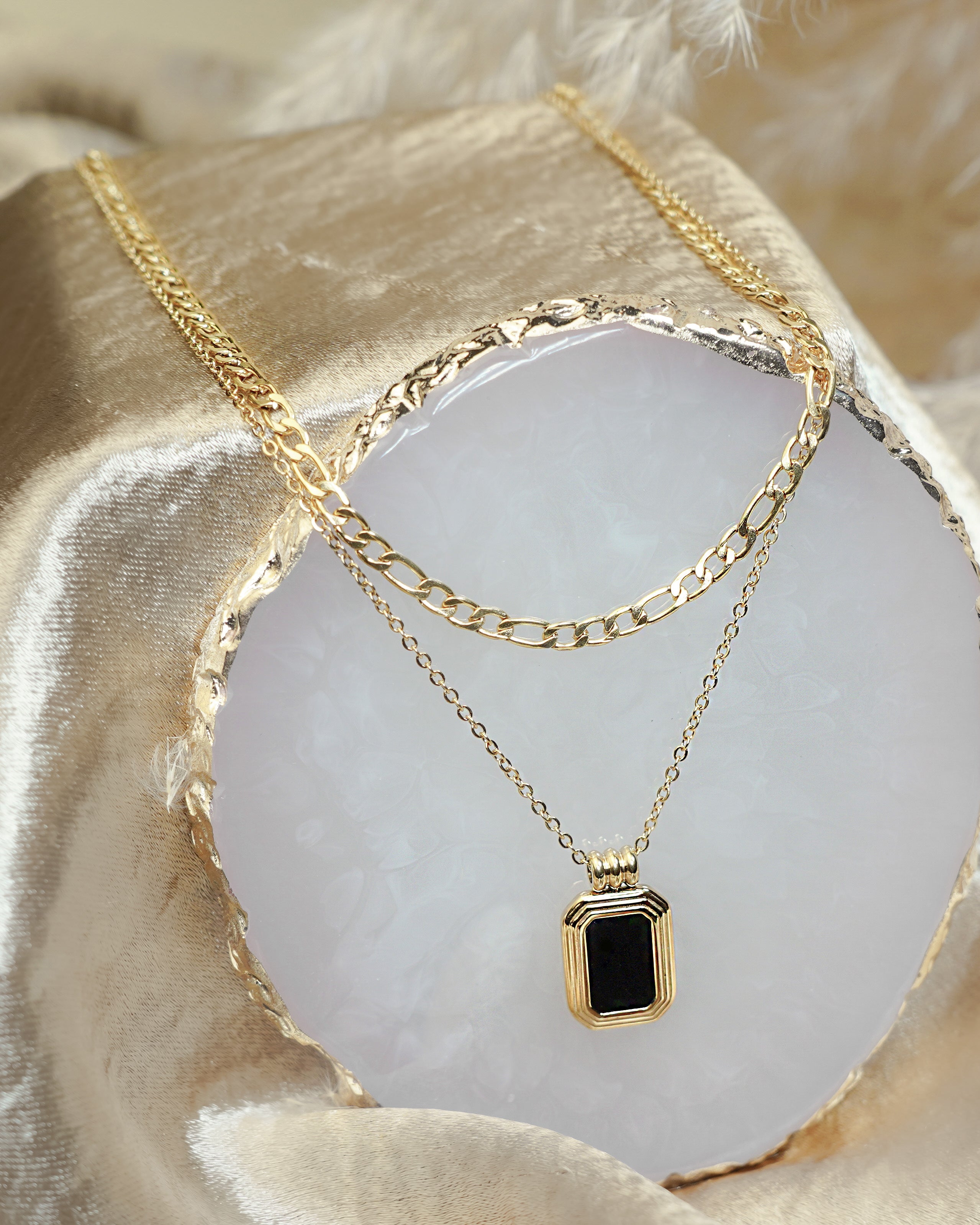 Square Rectangular Gold Black Onyx Pendant Layered Necklace