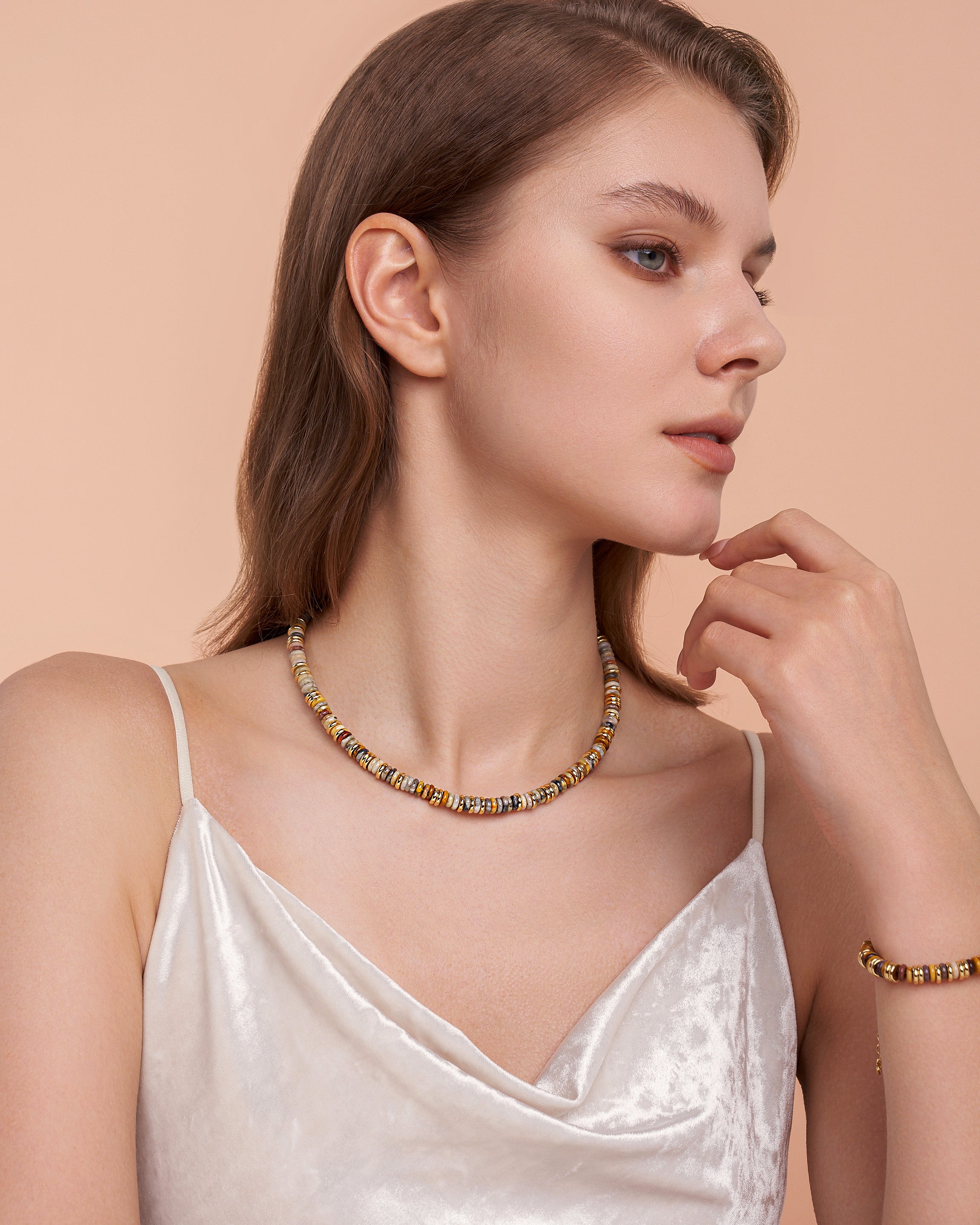 Gold Brown Amber Stone Bead Necklace - Dune