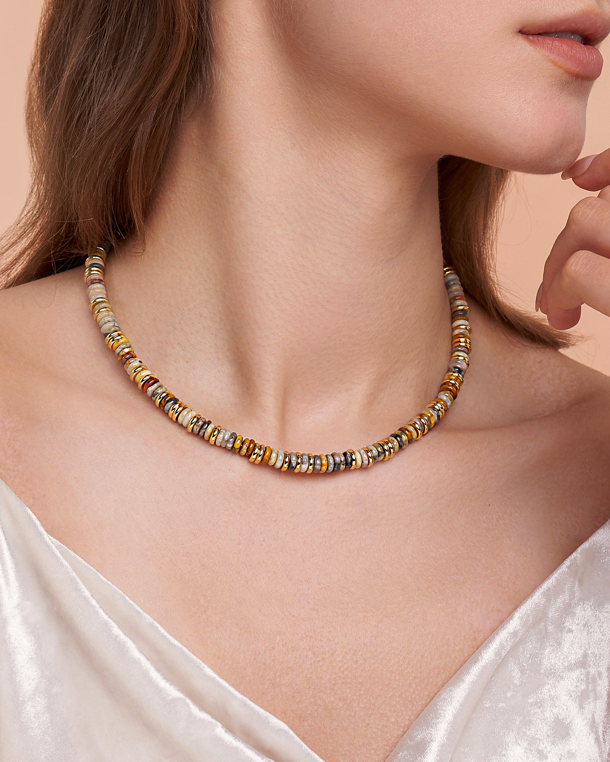 Gold Brown Amber Stone Bead Necklace - Dune