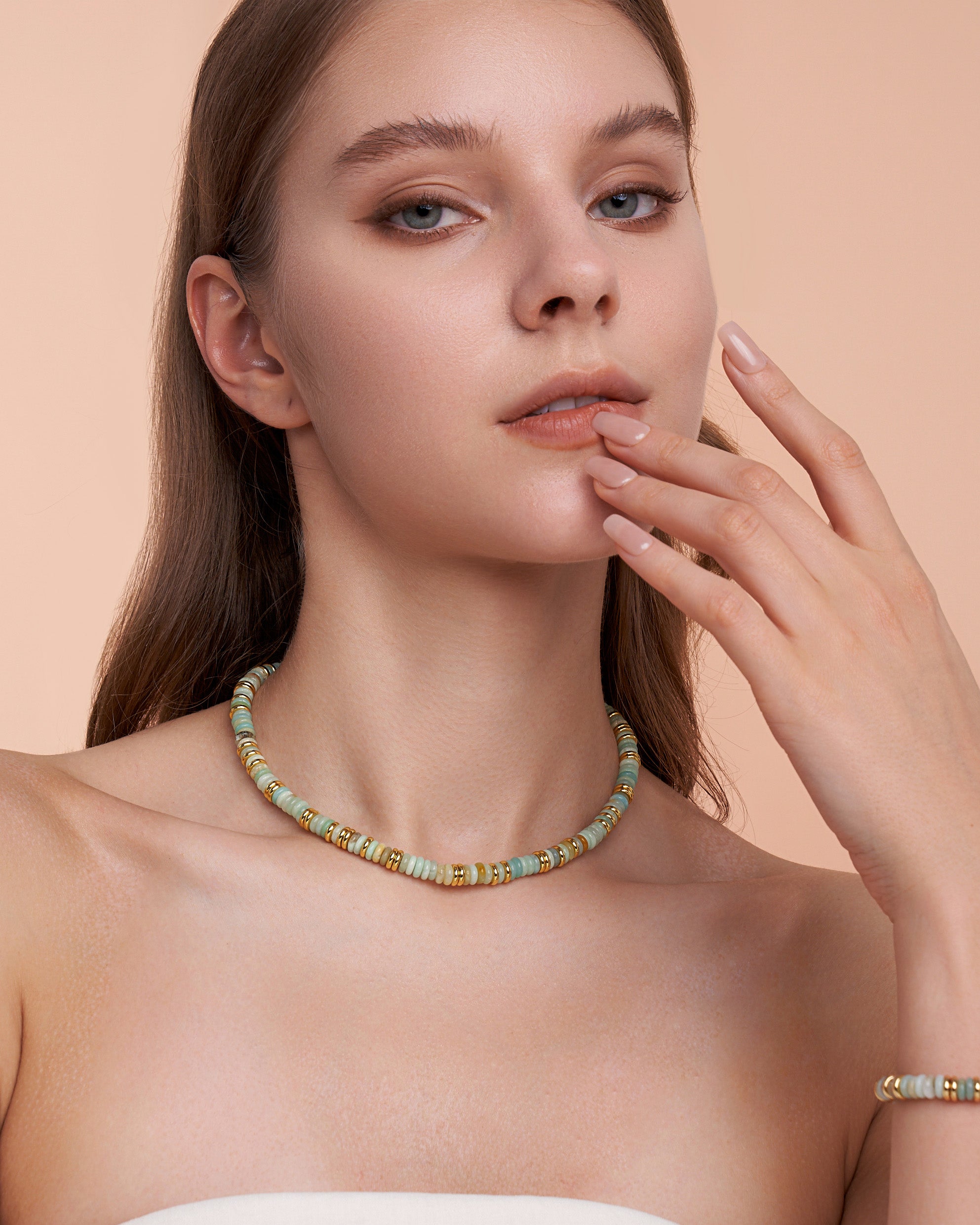 Gold Natural Stone Bead Necklace - Mist