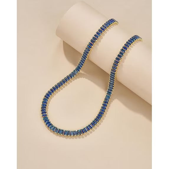 18K Gold Plated Blue Sapphire Baguette Crystal Tennis Choker Necklace for Women, Adjustable Statement Chain