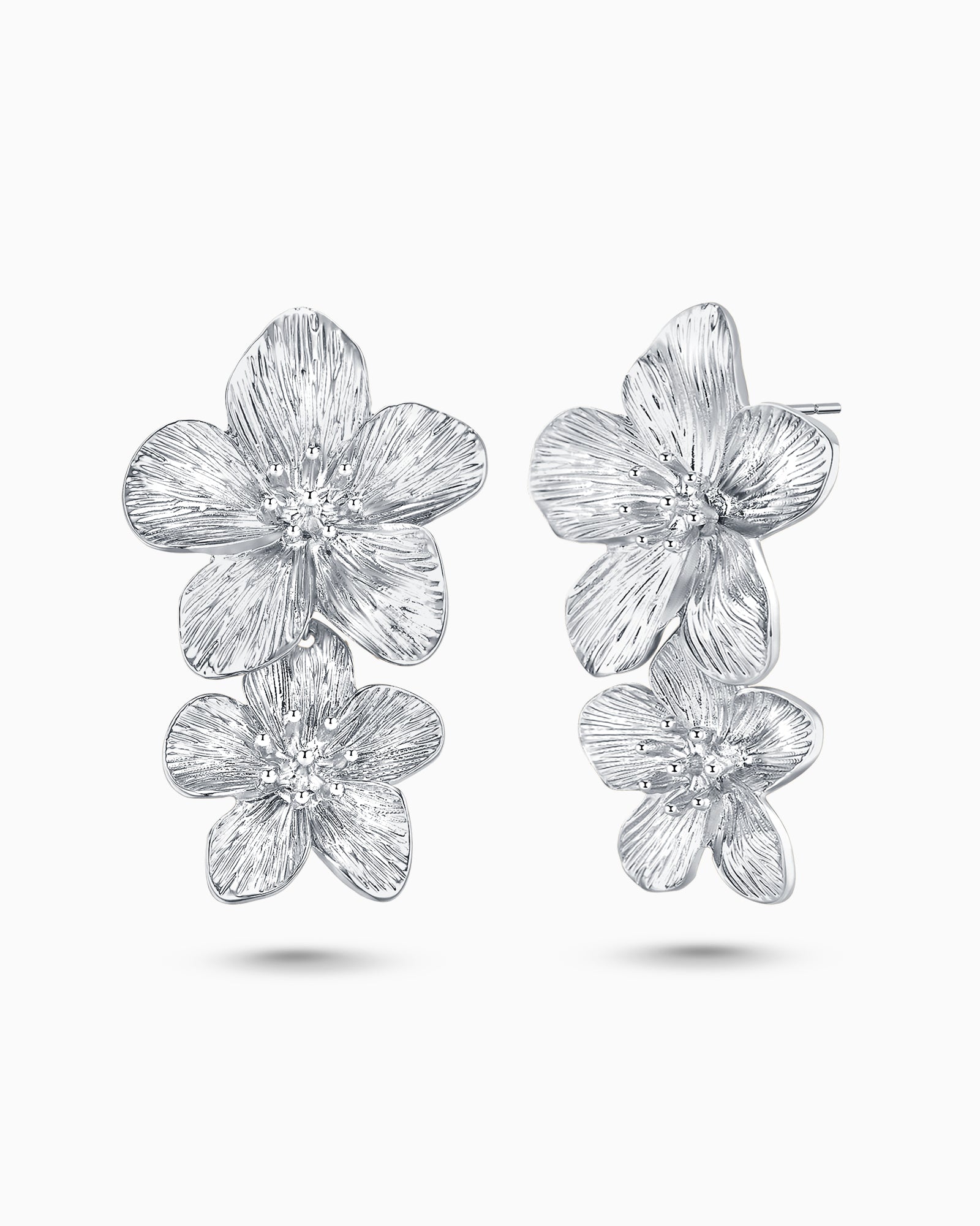 2 Tiered Blooming Floral Earrings - Silver