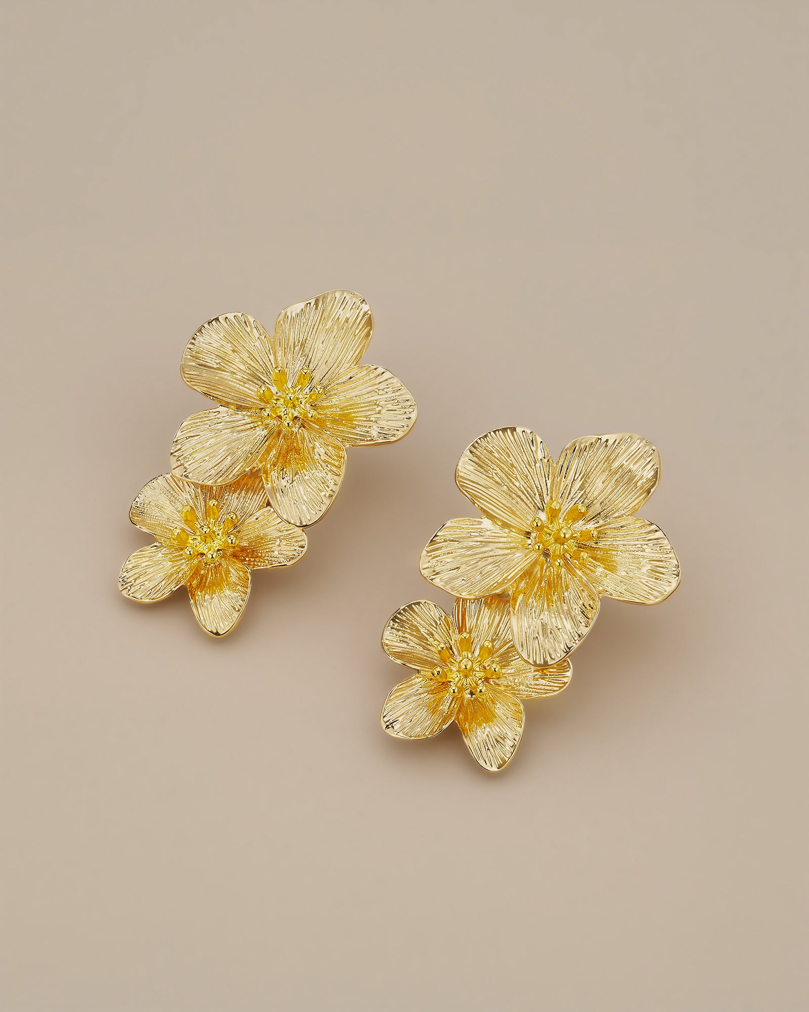Two Tier Blooming Floral Earrings In Gold Tone