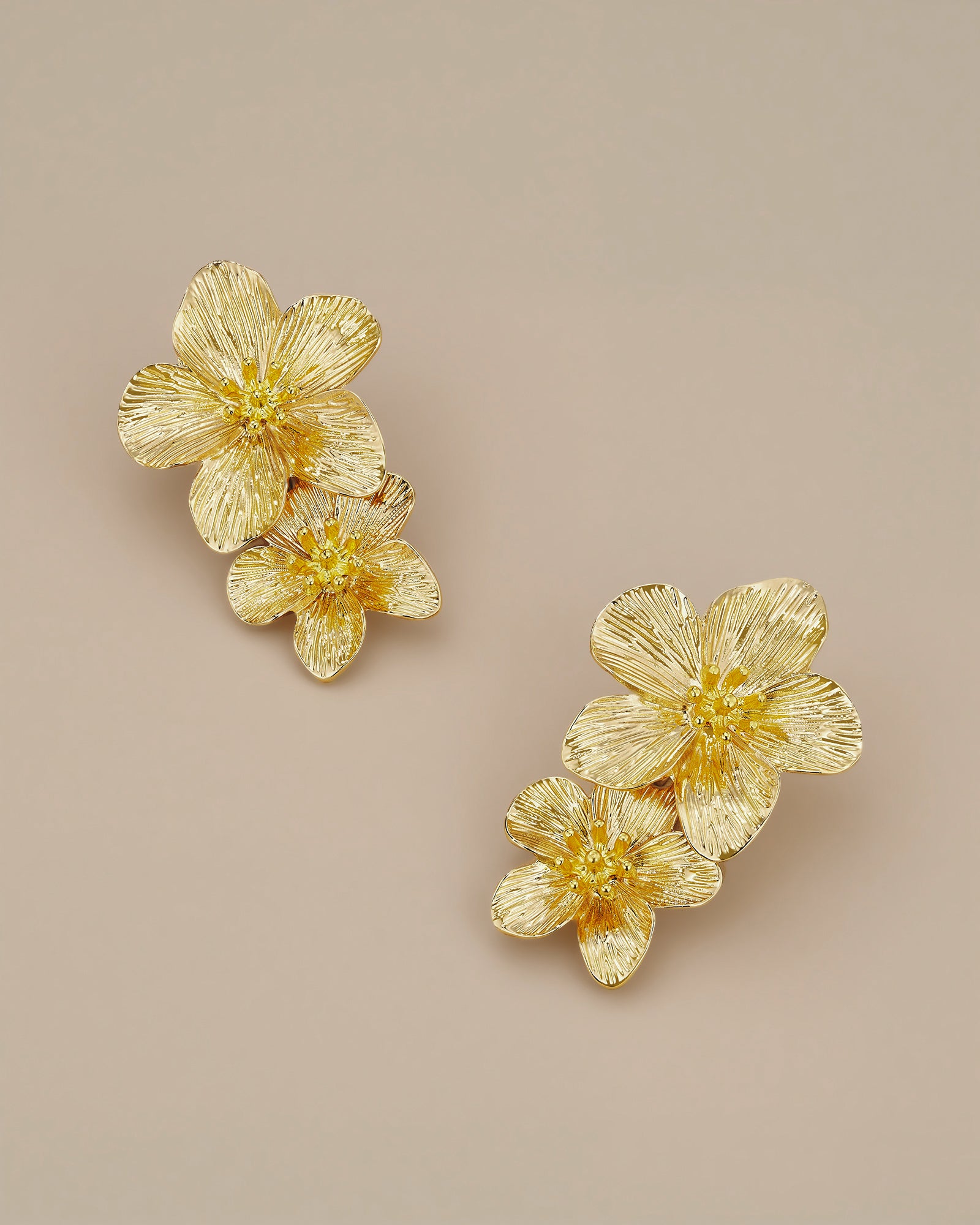 Two Tier Blooming Floral Earrings In Gold Tone