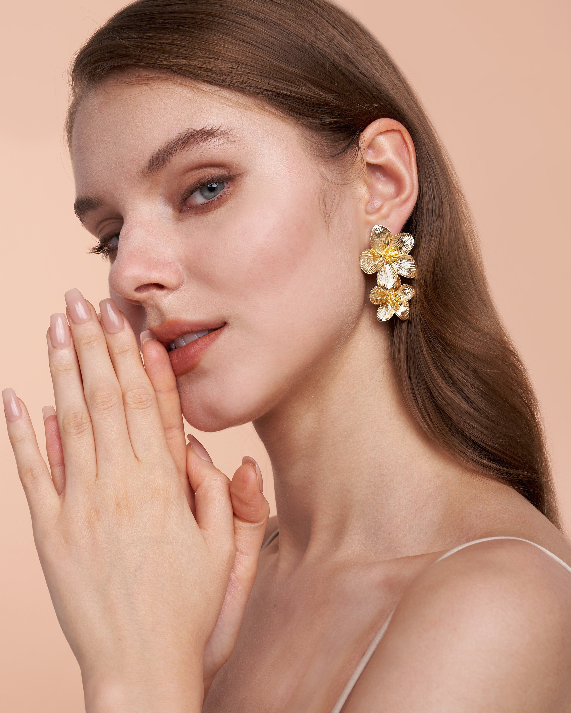 Two Tier Blooming Floral Earrings In Gold Tone