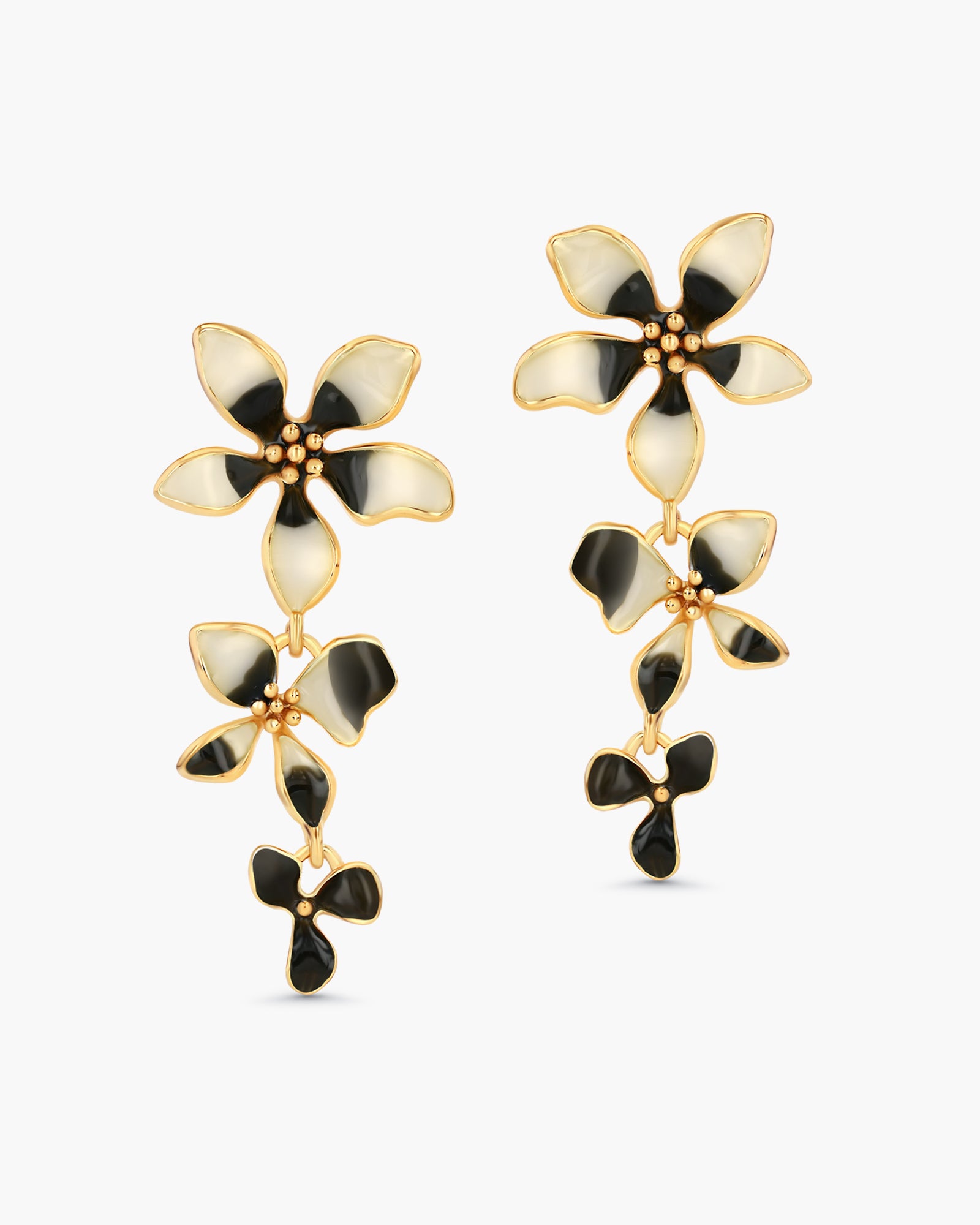 Gold Black Cream Enamel Flower Drop Earrings