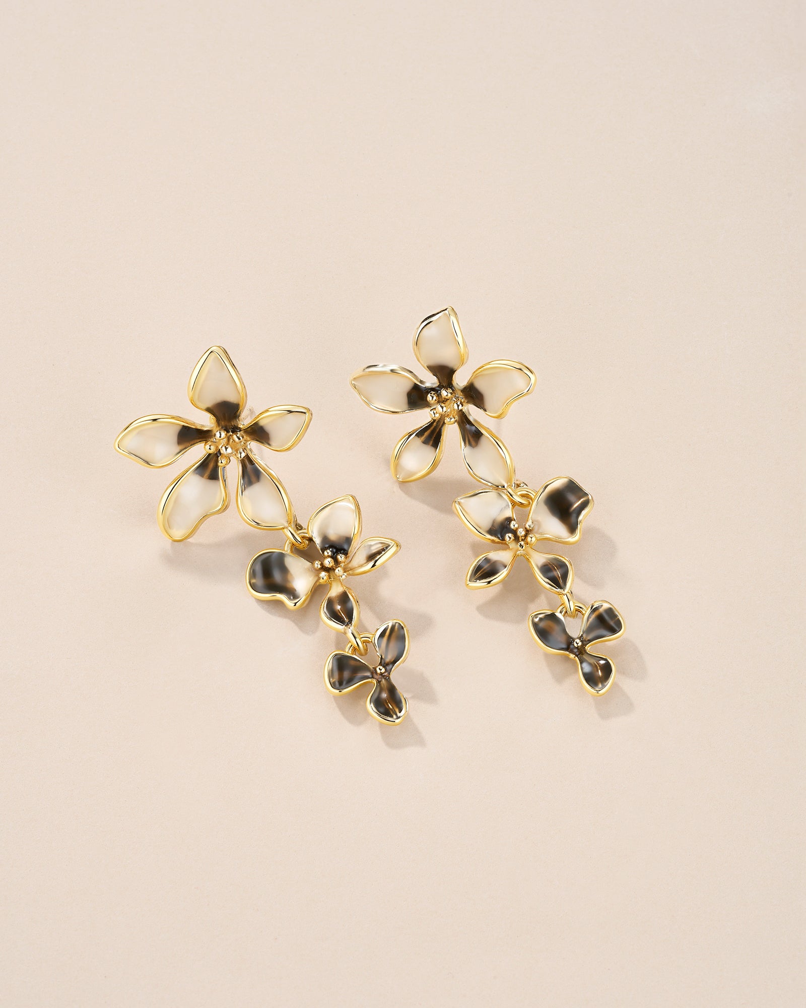 Gold Black Cream Enamel Flower Drop Earrings