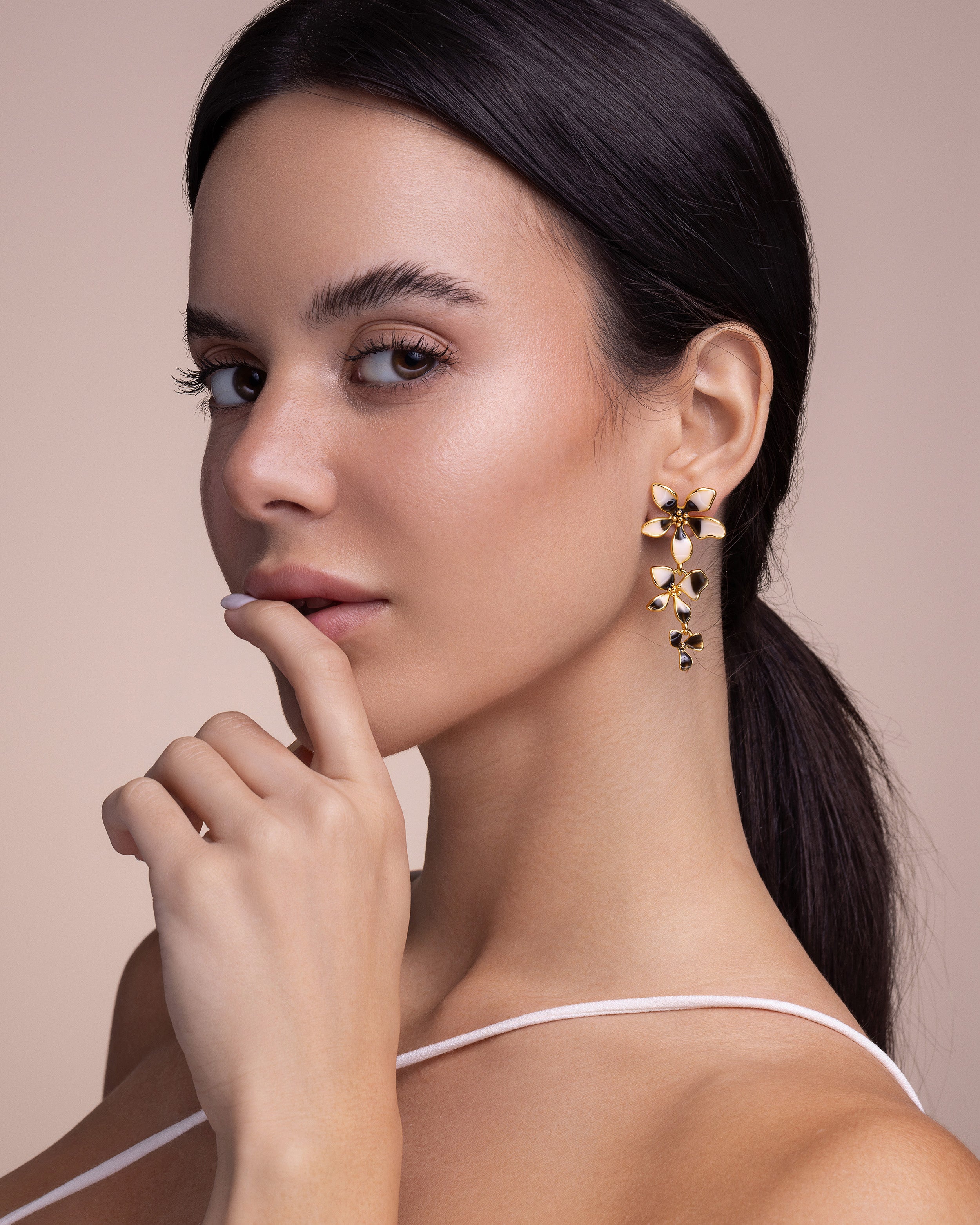 Gold Black Cream Enamel Flower Drop Earrings