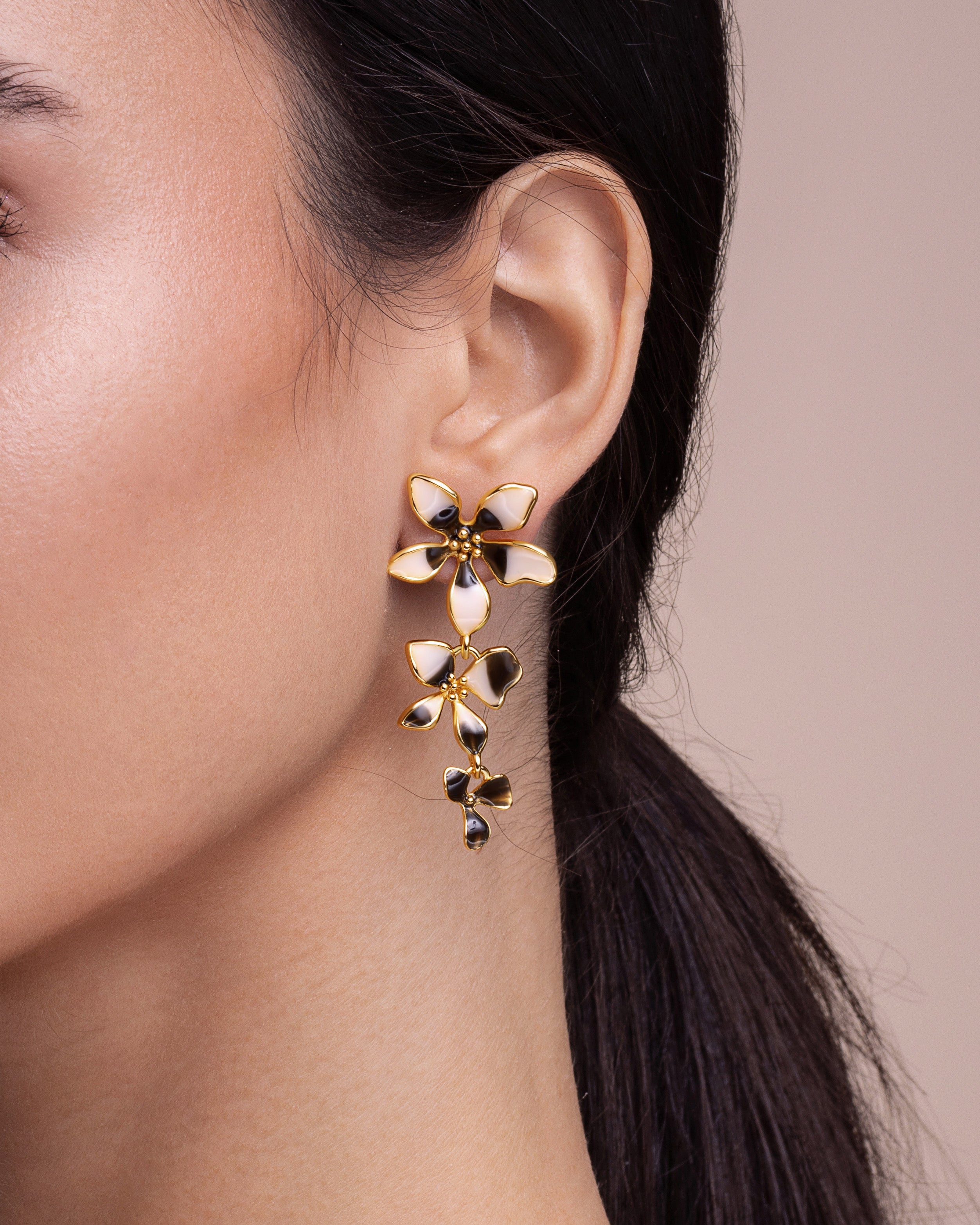 Gold Black Cream Enamel Flower Drop Earrings