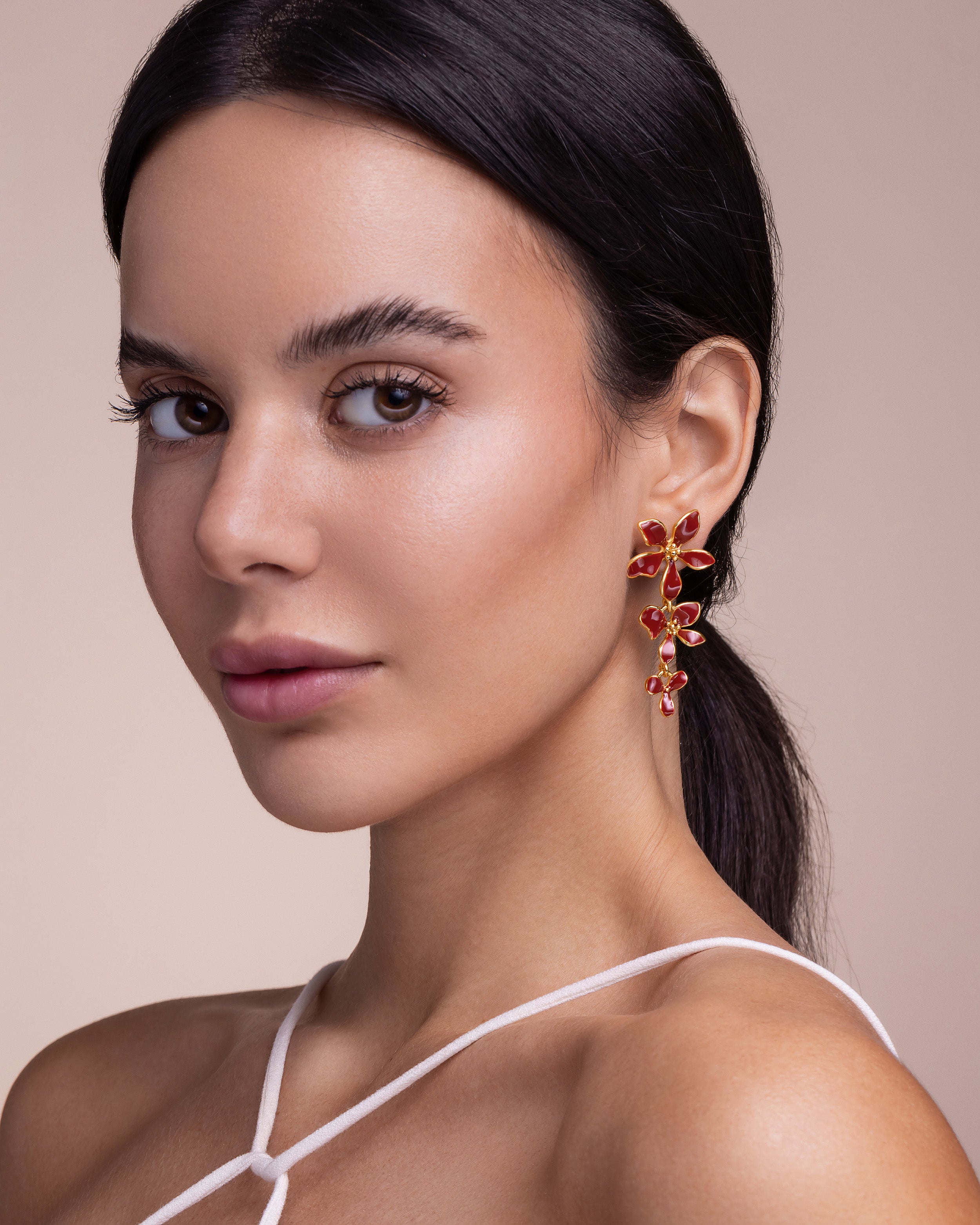 Gold Red Enamel Flower Drop Earrings