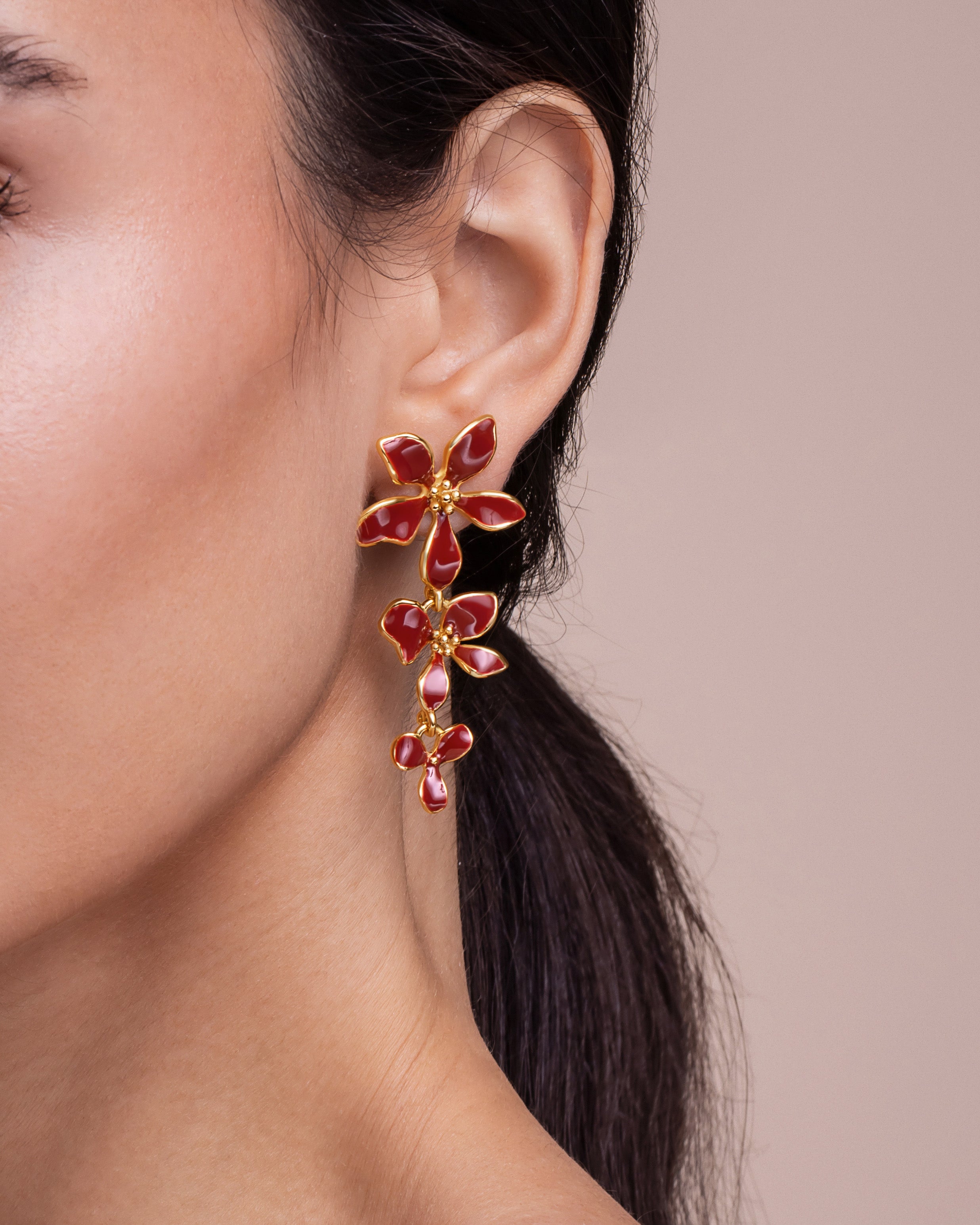 Gold Red Enamel Flower Drop Earrings