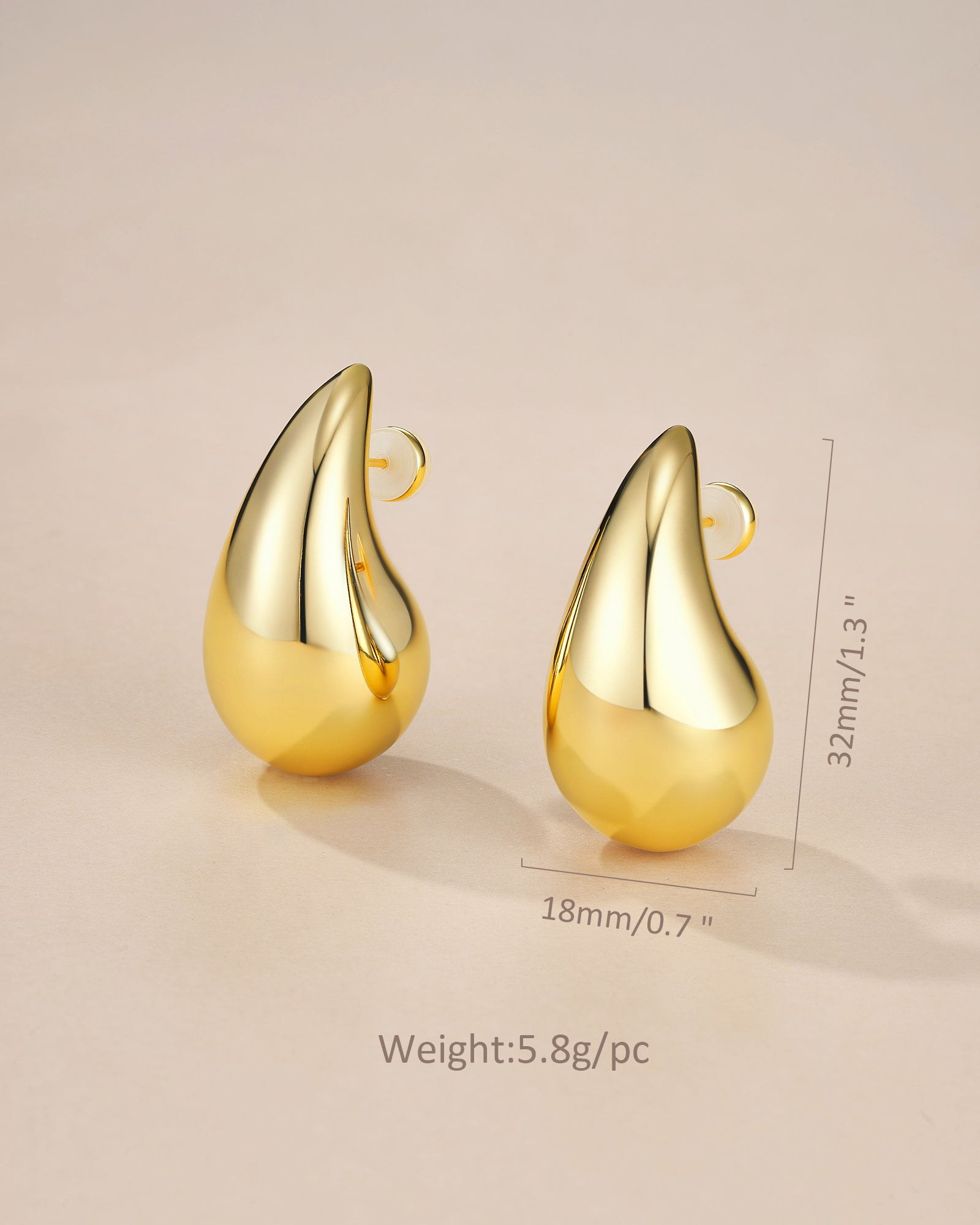 Gold Tear Drop Stud Earrings - Large