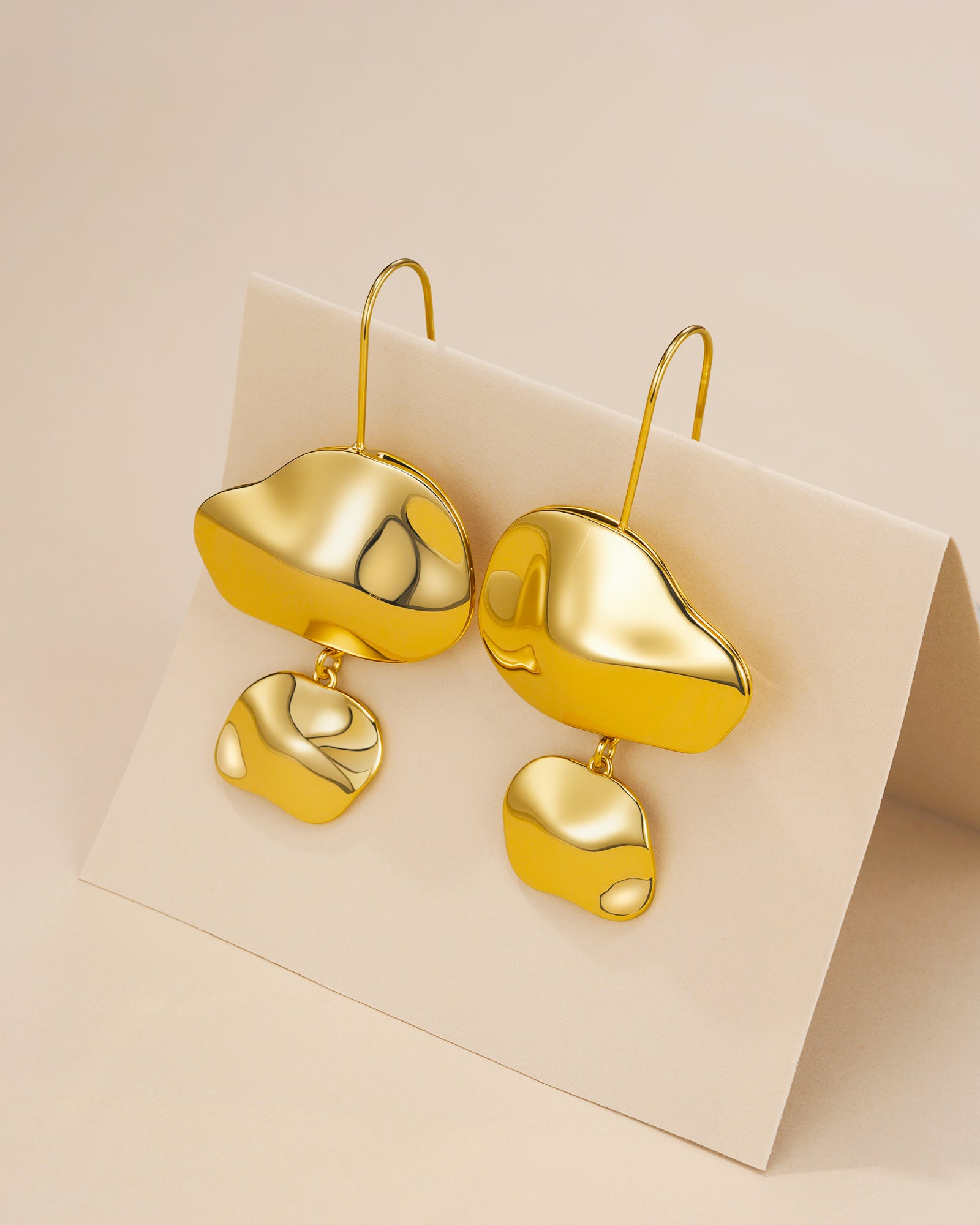 Abstract Drop Hook Earrings In Gold Tone Irregular Design