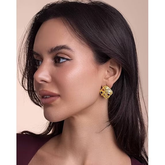 SNGIA 18K Gold Plated Colorful CZ Statement Stud Earrings for Women, Textured Geometric Design