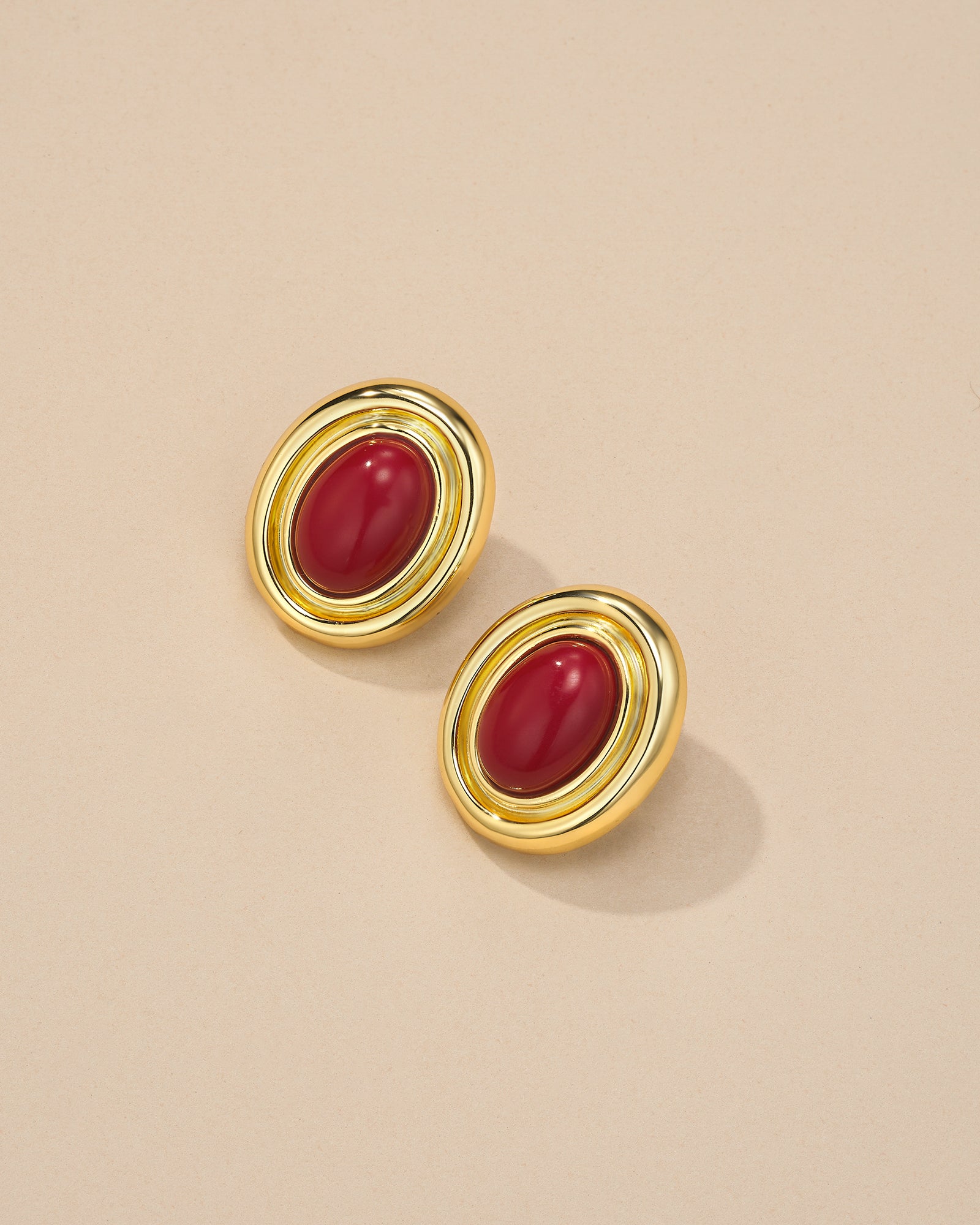 Gold Maroon Burgundy Enamel Chunky Stud Earrings