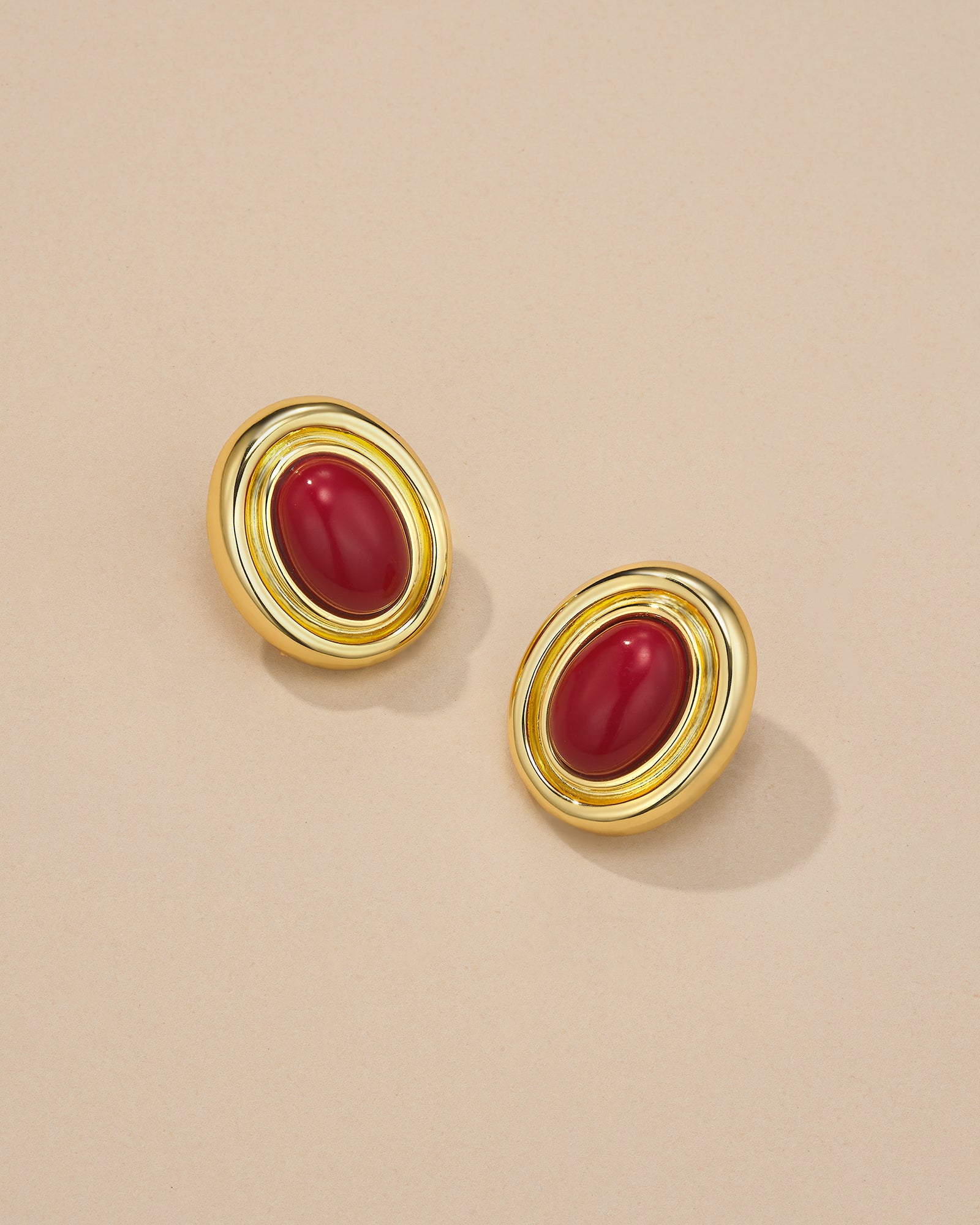 Gold Maroon Burgundy Enamel Chunky Stud Earrings
