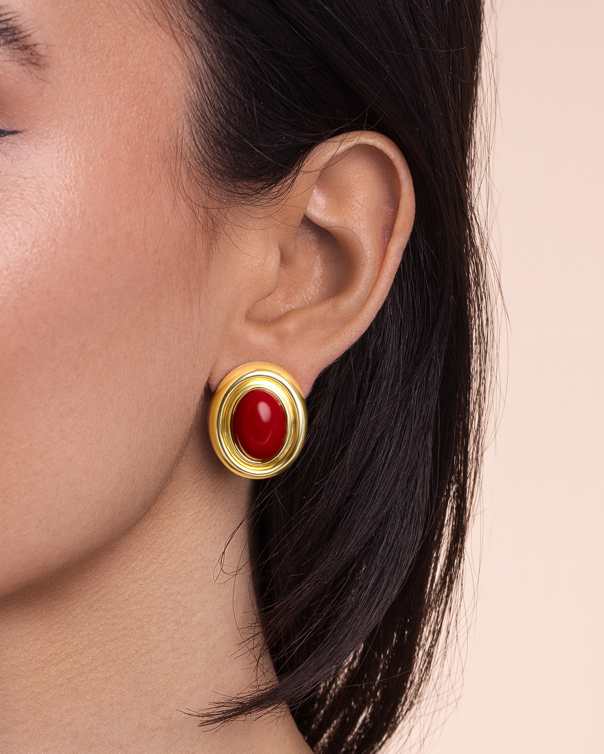 Gold Maroon Burgundy Enamel Chunky Stud Earrings