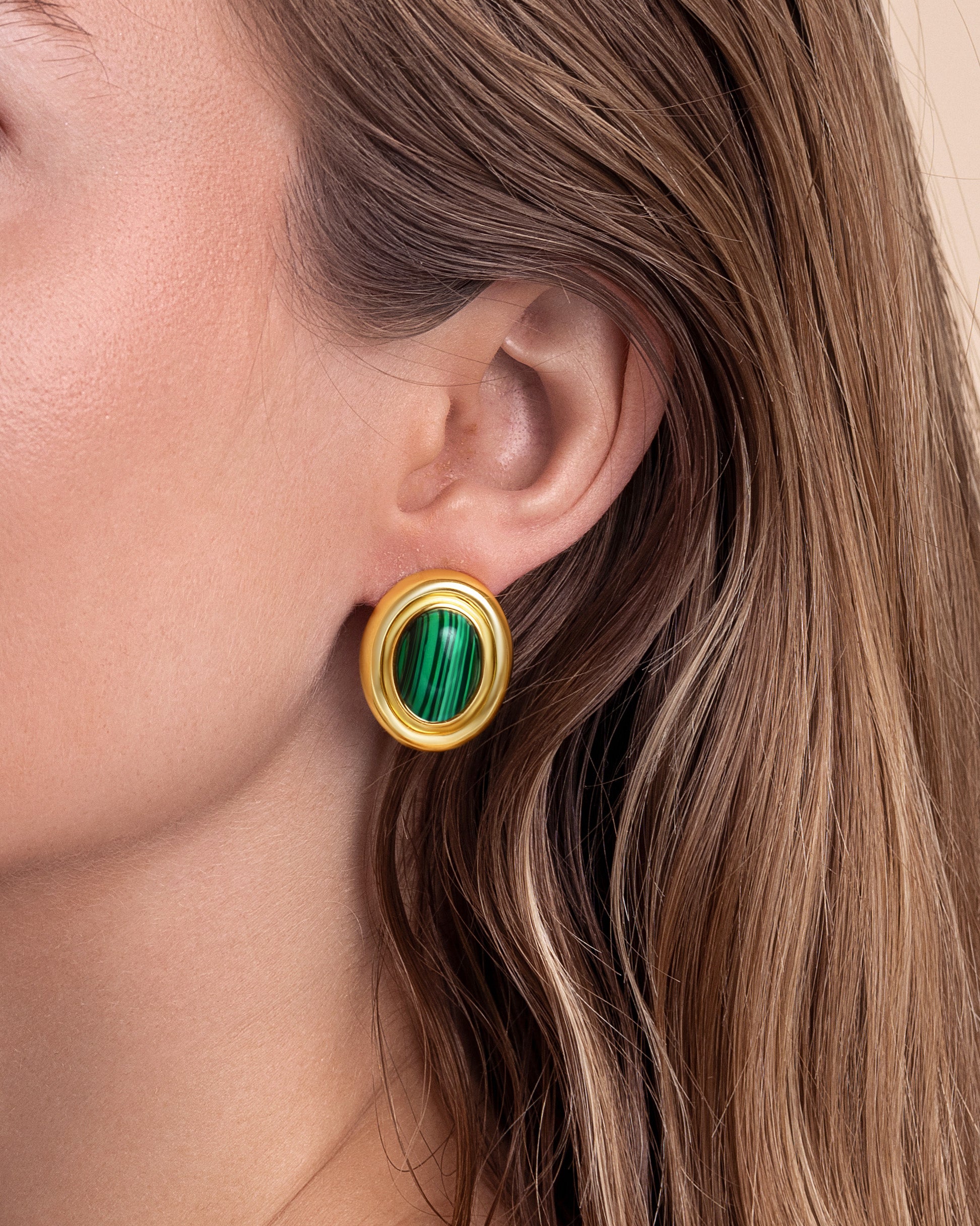 Chunky Stud Earrings In Gold Tone Green Malachite Style