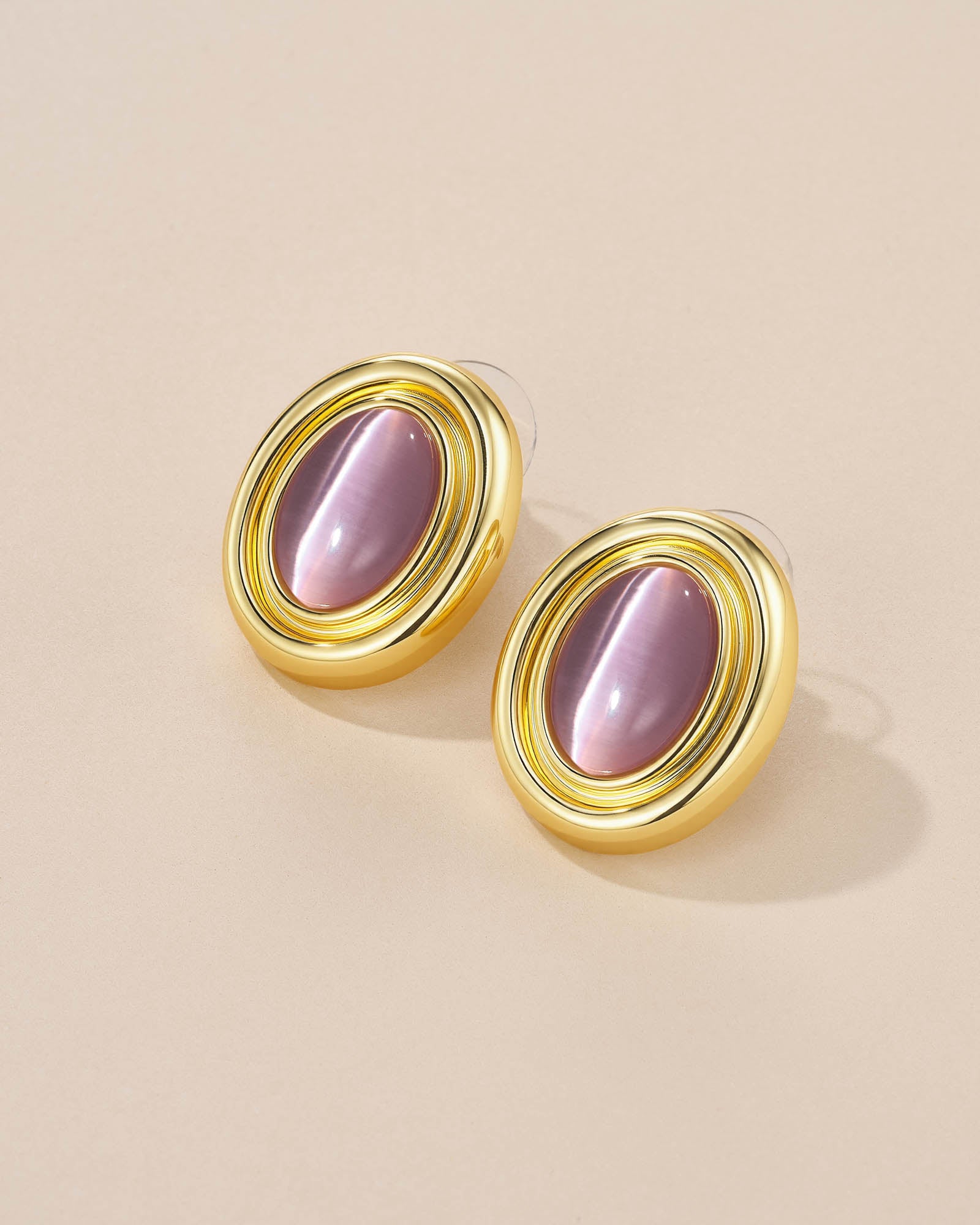 Gold Green Purple Cat Eye Chunky Stud Earrings