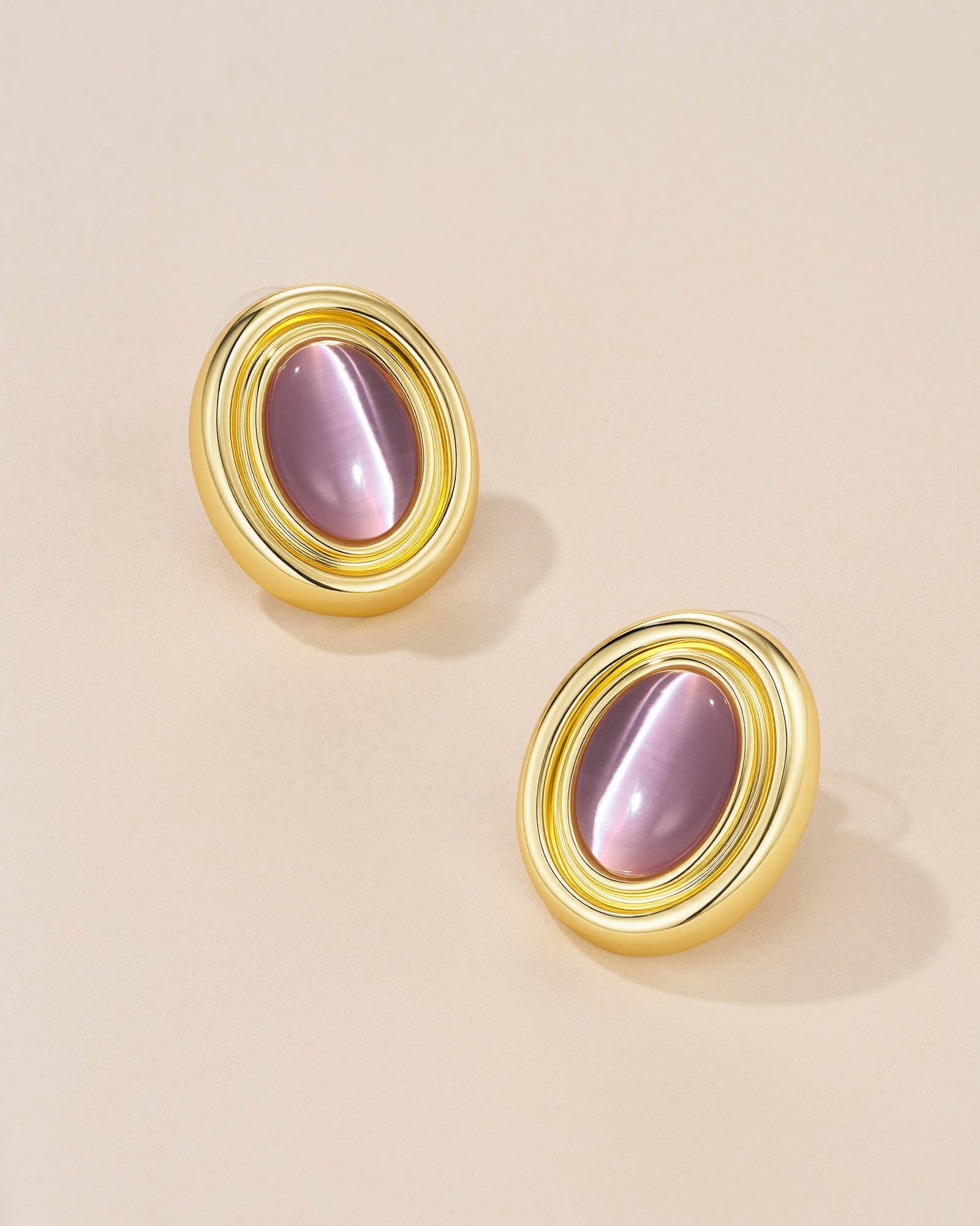 Gold Green Purple Cat Eye Chunky Stud Earrings