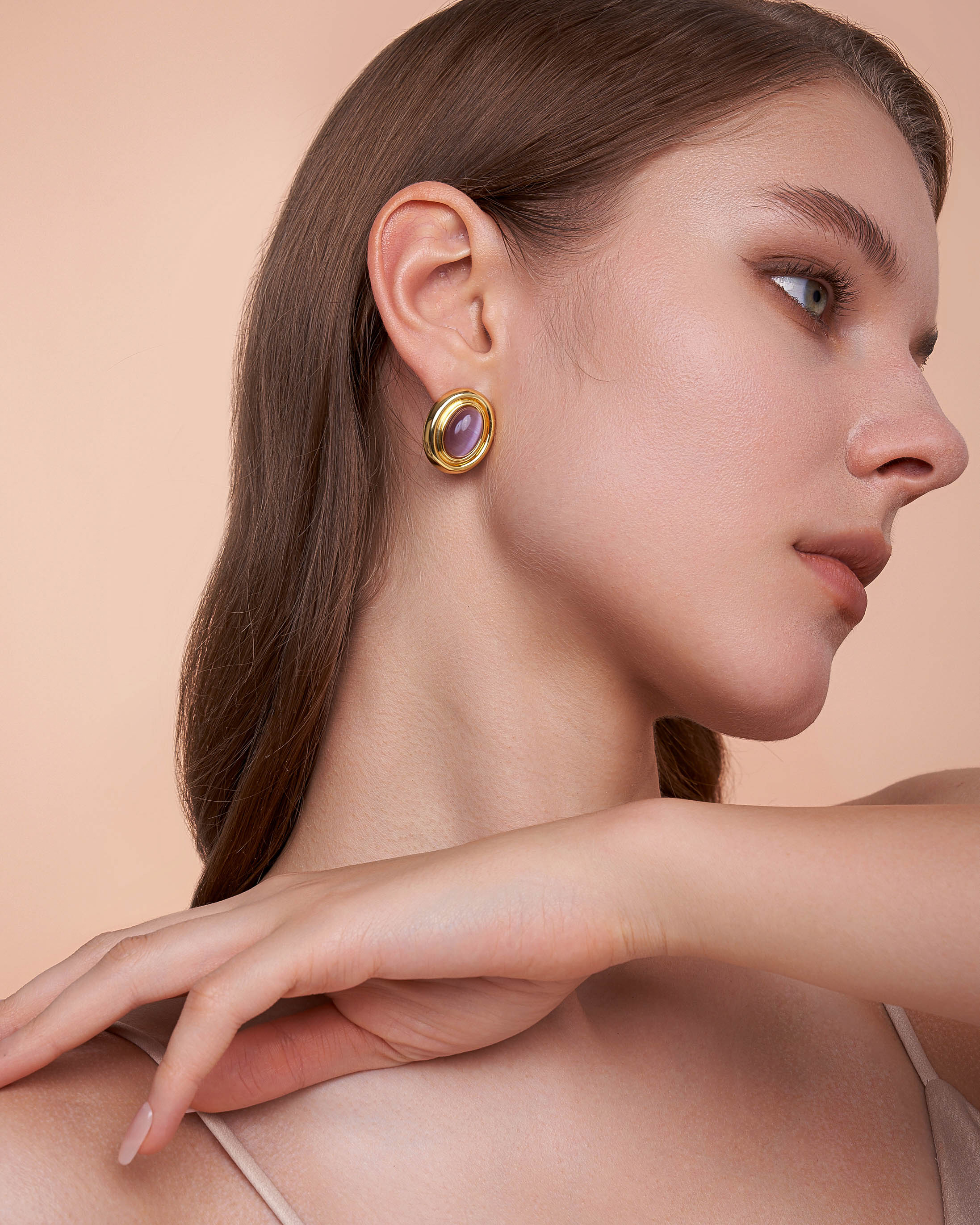 Gold Green Purple Cat Eye Chunky Stud Earrings