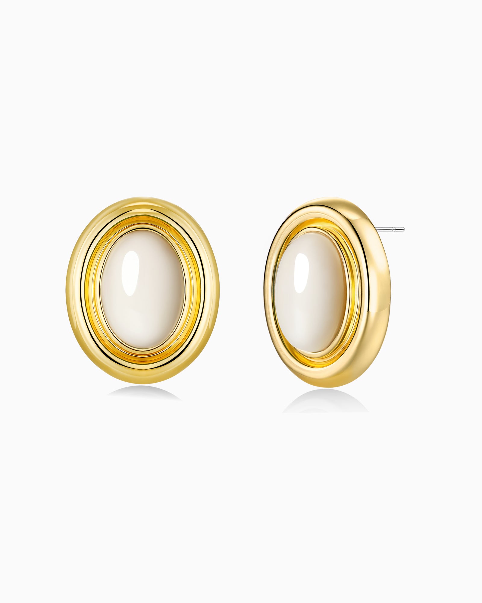 Gold White Cream Enamel Stone Chunky Stud Earrings