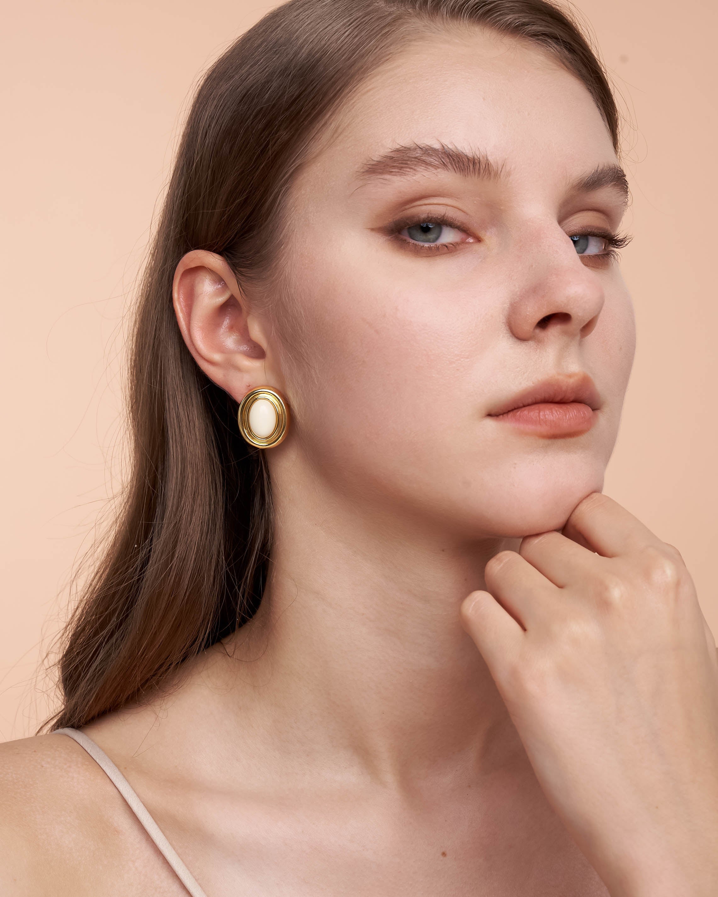 Gold White Cream Enamel Stone Chunky Stud Earrings