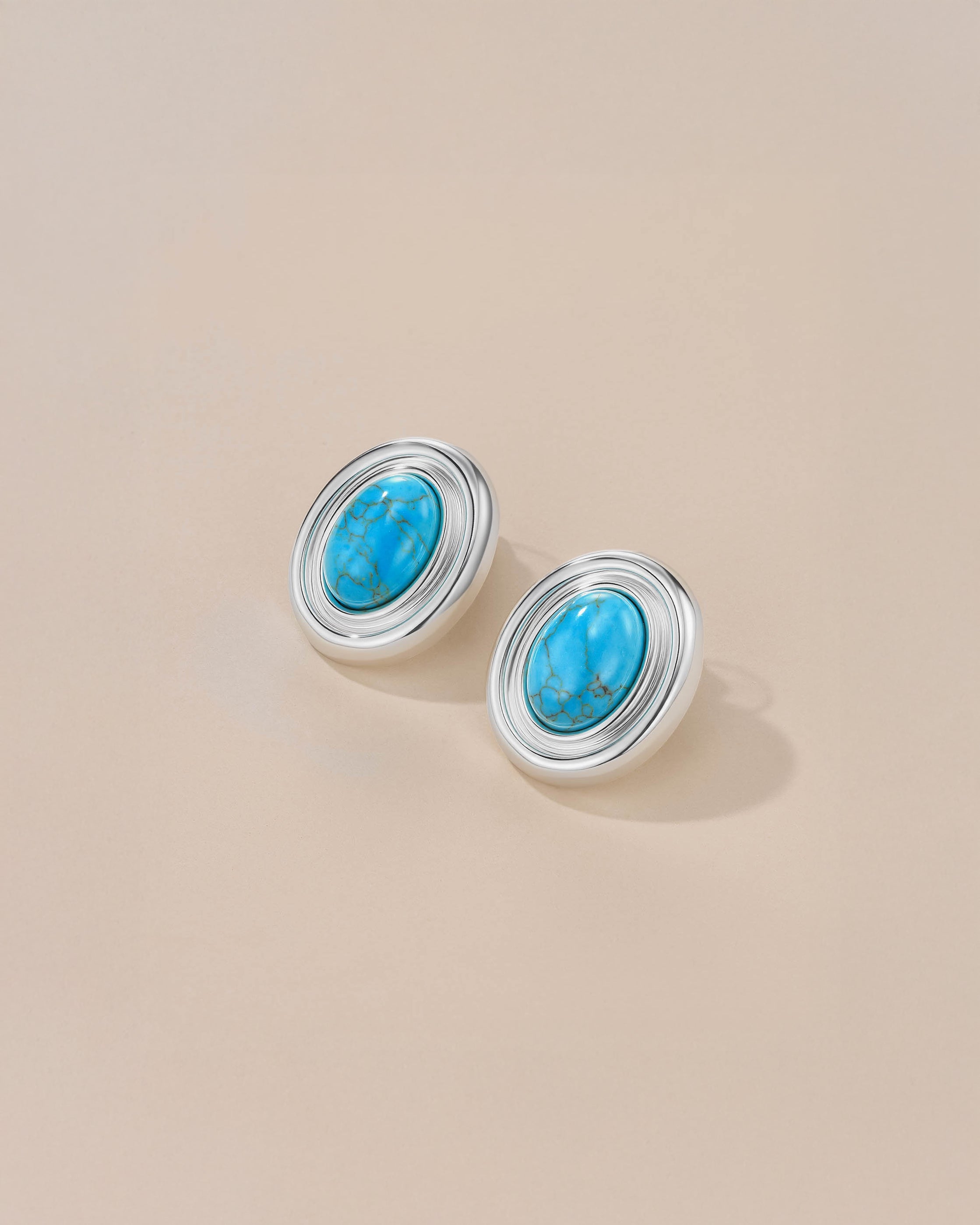 Chunky Stud Earrings In Silver Tone White Turquoise Stone Style