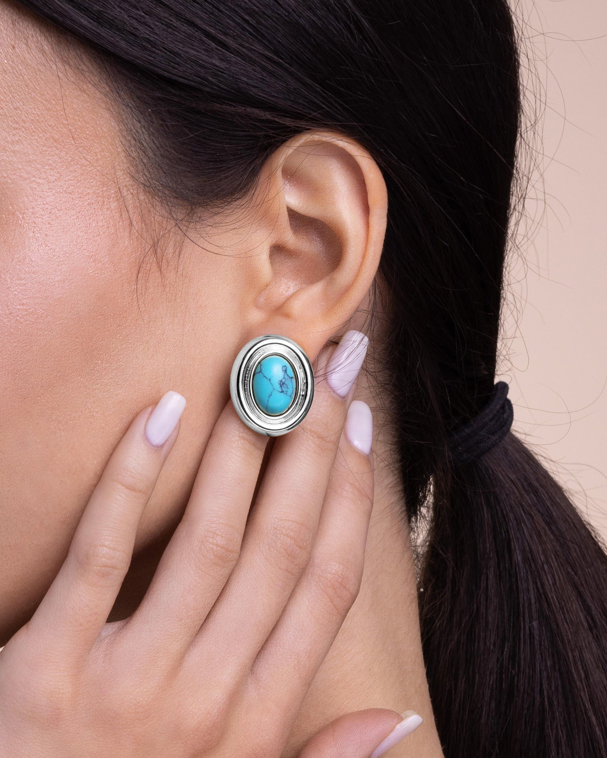 Chunky Stud Earrings In Silver Tone White Turquoise Stone Style