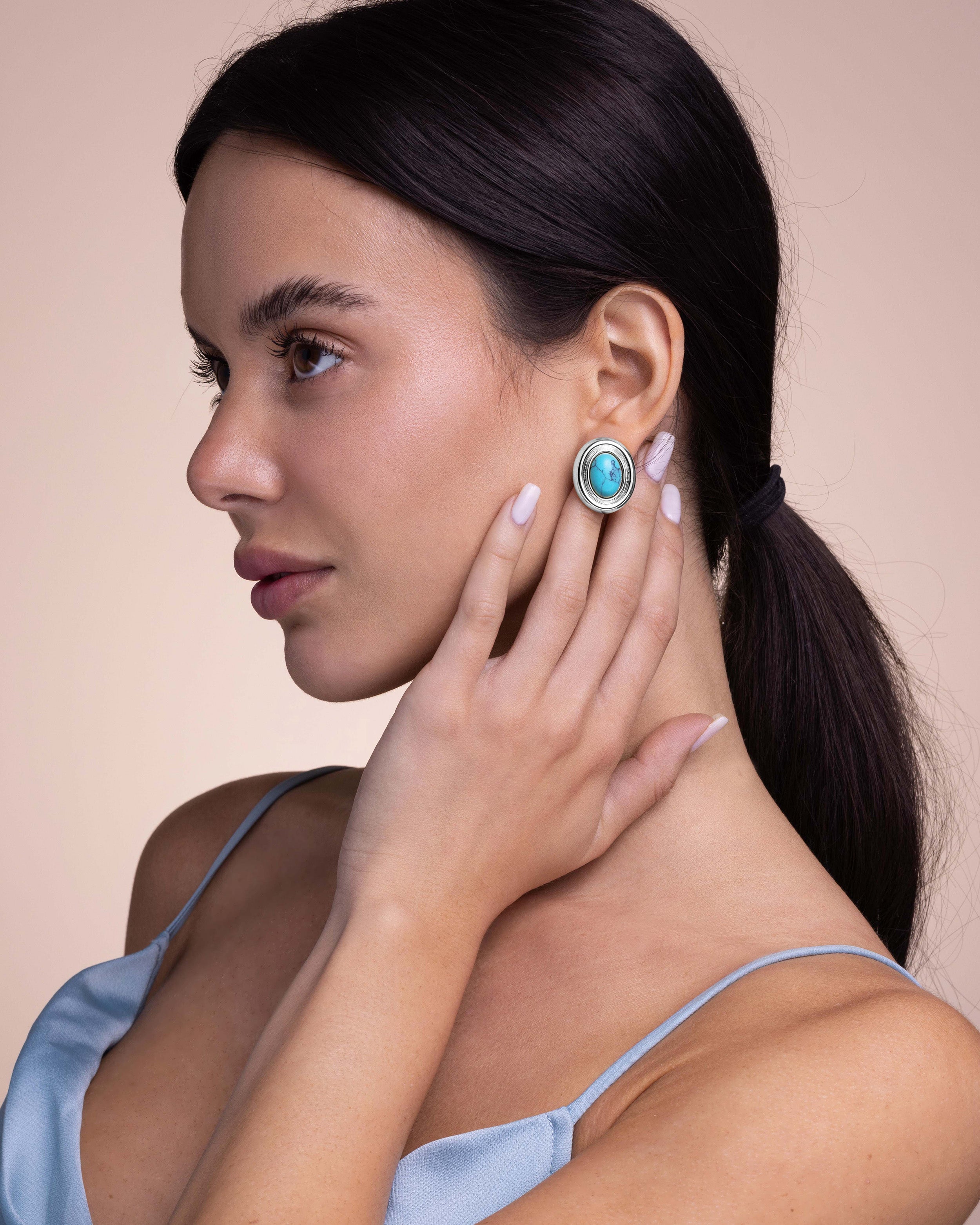 White Gold/Silver White Turquoise Stone Chunky Stud Earrings