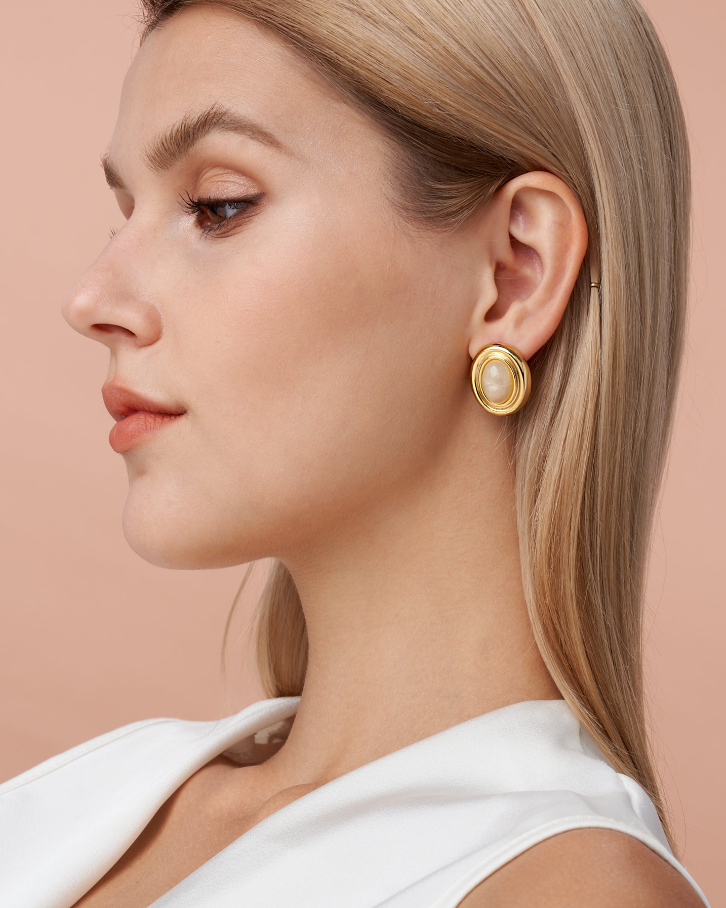 Gold White Cotton Enamel Stone Chunky Stud Earrings