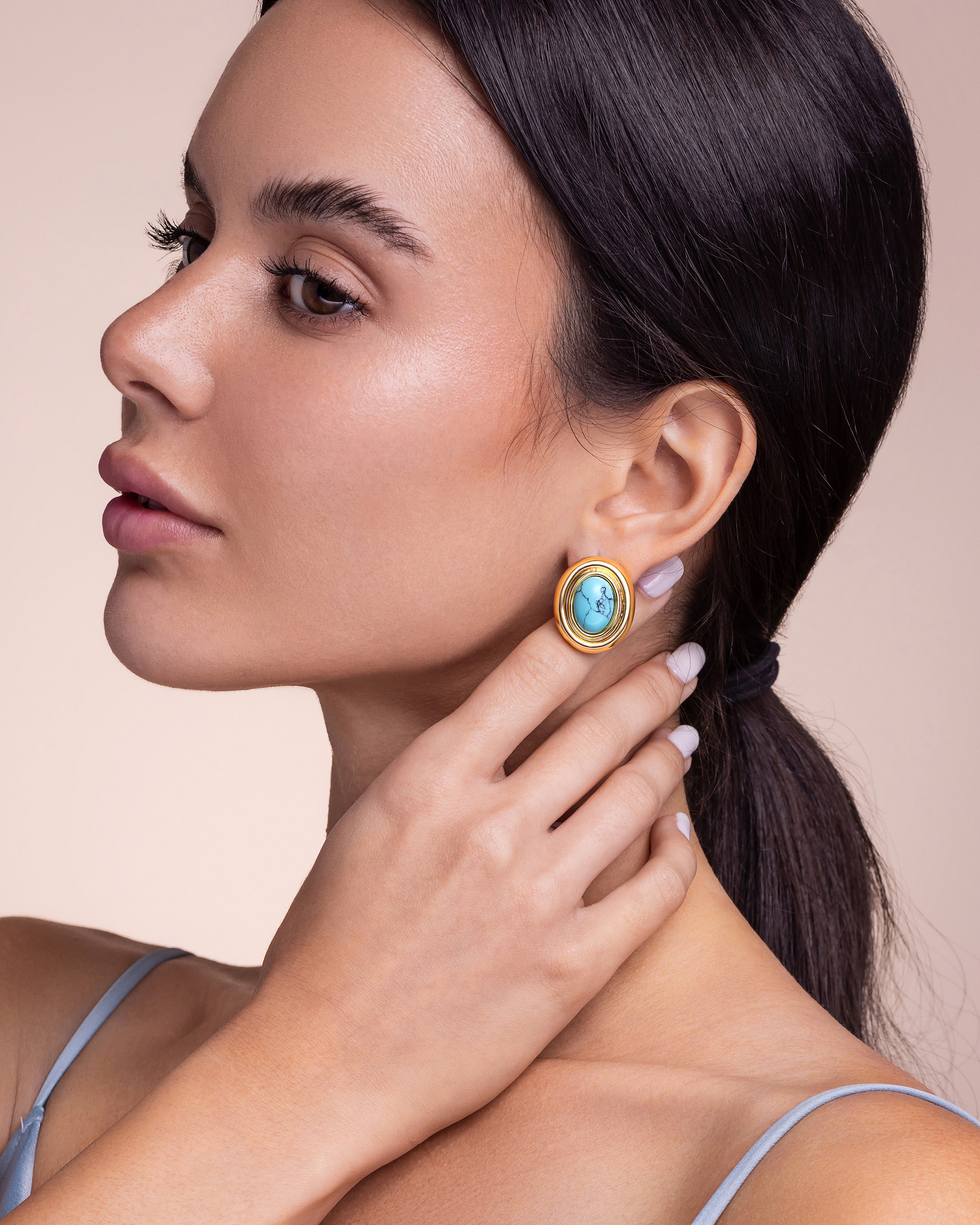 Gold Turquoise Stone Chunky Stud Earrings