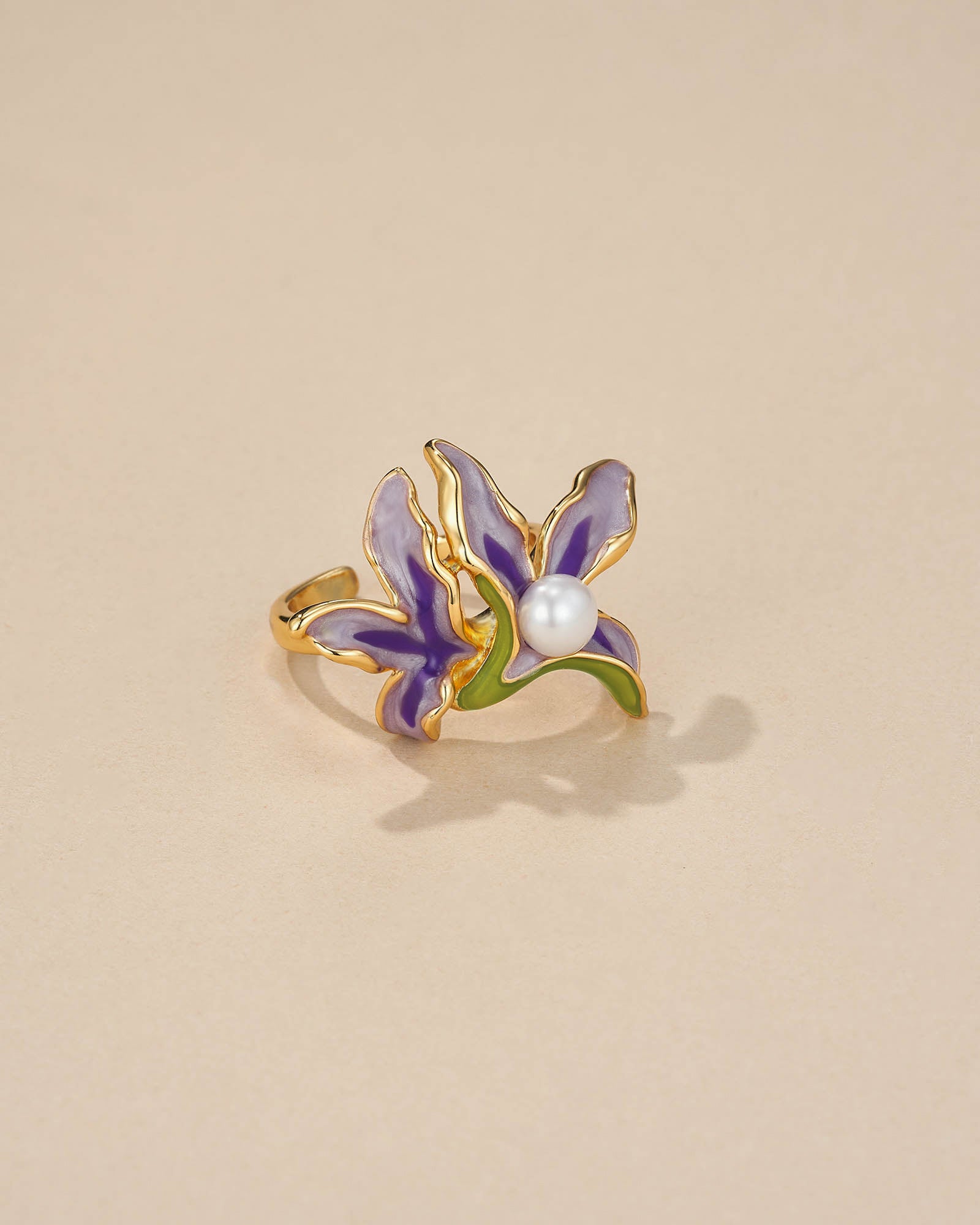 Adjustable Floral Ring In Purple Enamel Style