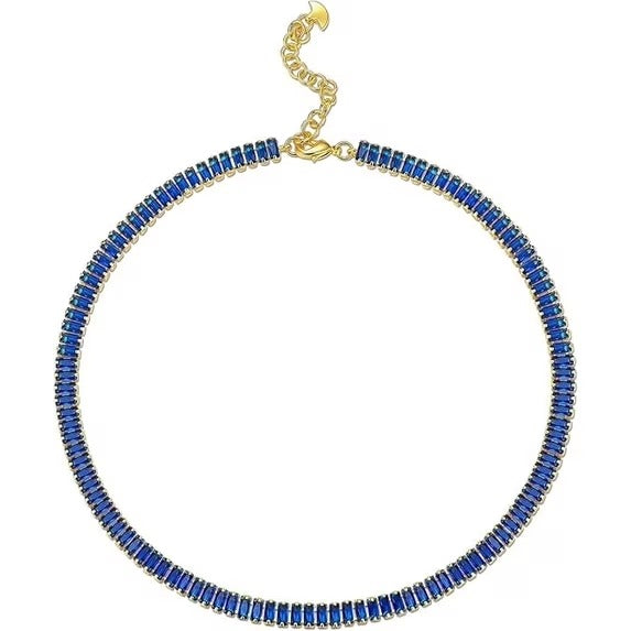 18K Gold Plated Blue Sapphire Baguette Crystal Tennis Choker Necklace for Women, Adjustable Statement Chain