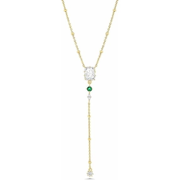 18K Gold Plated Long Drop Pendant Necklace with Green CZ Stone Beaded Chain for Women