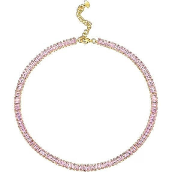 18K Gold Plated Rose Pink Baguette Crystal Tennis Choker Necklace for Women, Adjustable Statement Chain